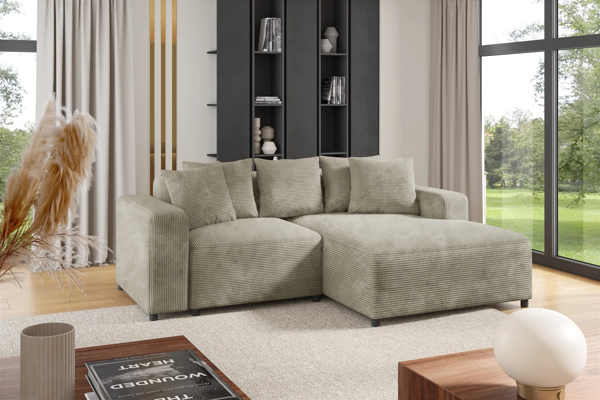 Ecksofa Designersofa Sofa MEGAN XS in Stoff Poso Beige Ottomane Rechts - Fun Möbel