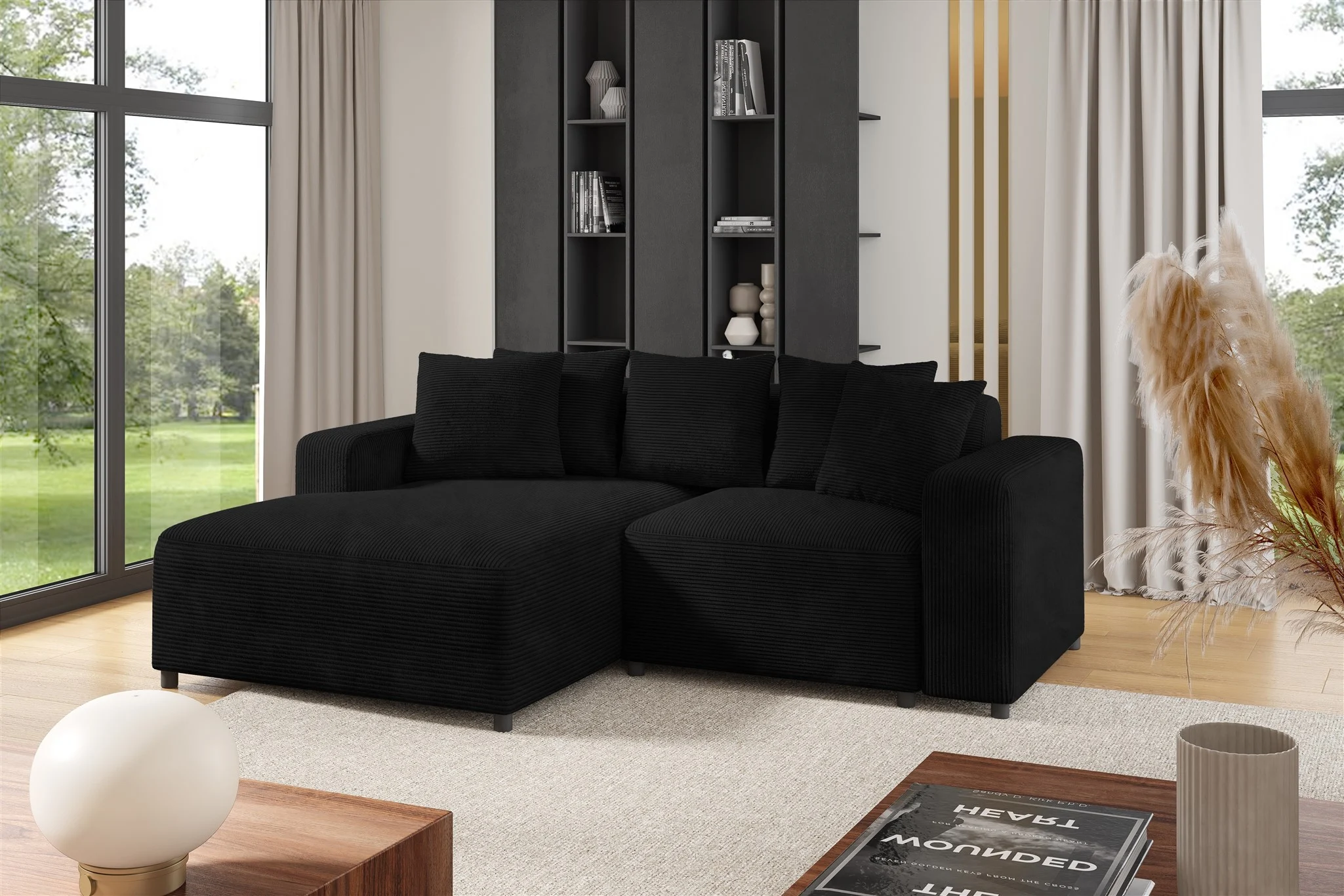 Ecksofa Designersofa Sofa MEGAN XS in Stoff Poso Schwarz Ottomane Links - Fun Möbel
