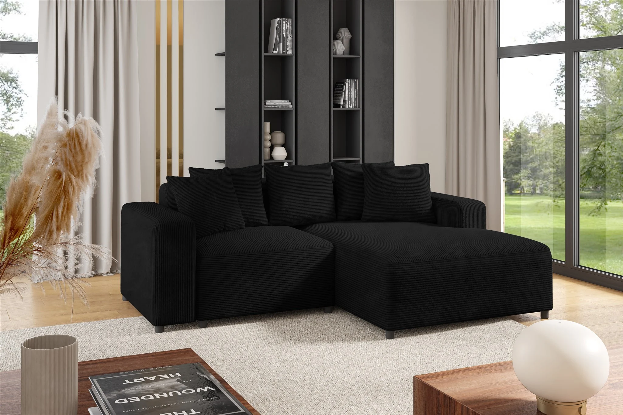Ecksofa Designersofa Sofa MEGAN XS in Stoff Poso Schwarz Ottomane Rechts - Fun Möbel