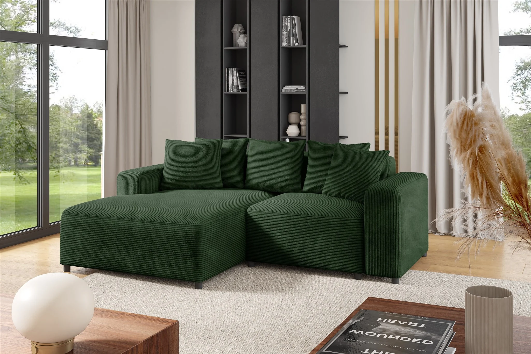 Ecksofa Designersofa Sofa MEGAN XS in Stoff Poso Dunkelgrün Ottomane Links - Fun Möbel