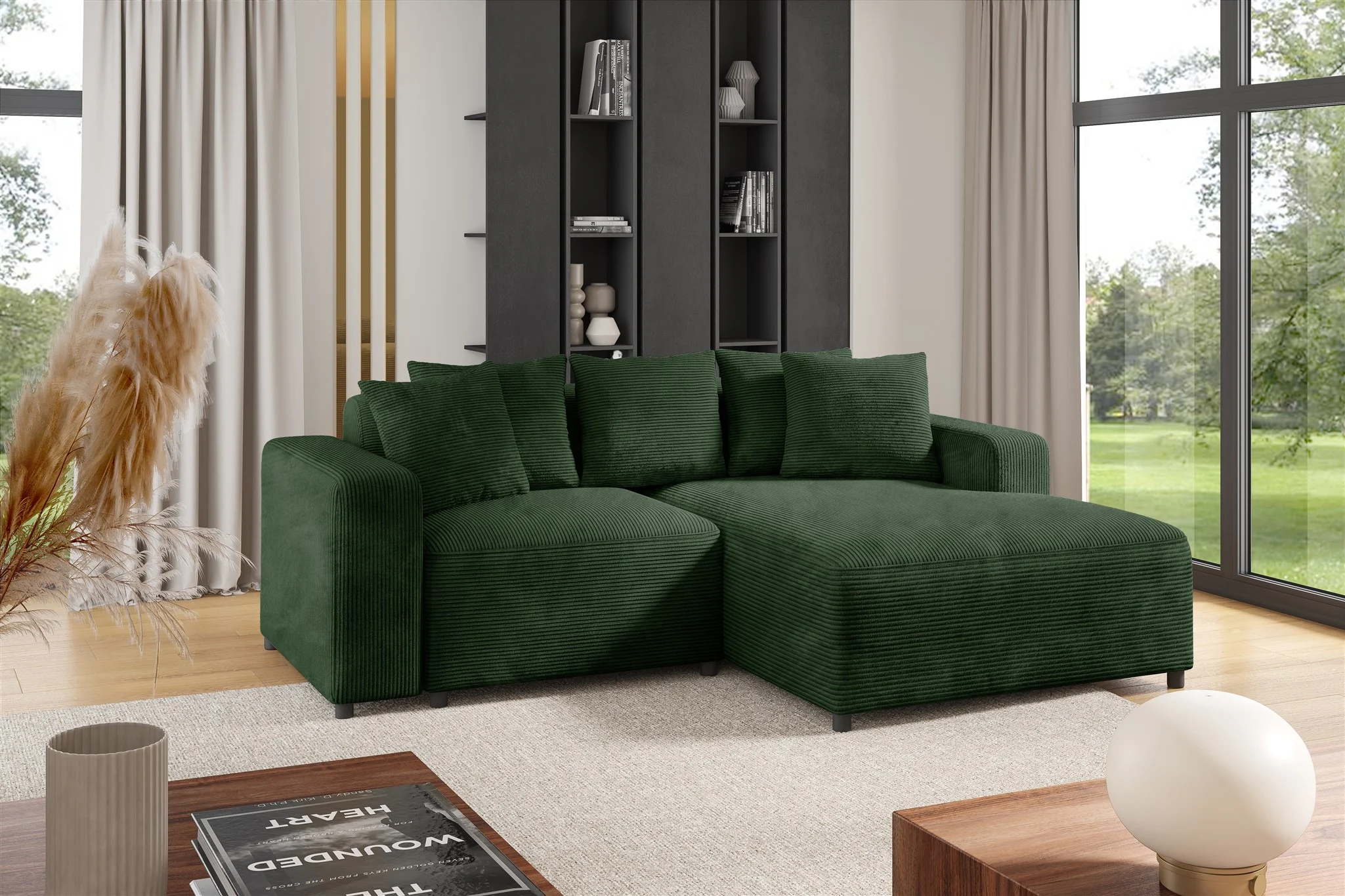 Ecksofa Designersofa Sofa MEGAN XS in Stoff Poso Dunkelgrün Ottomane Rechts - Fun Möbel