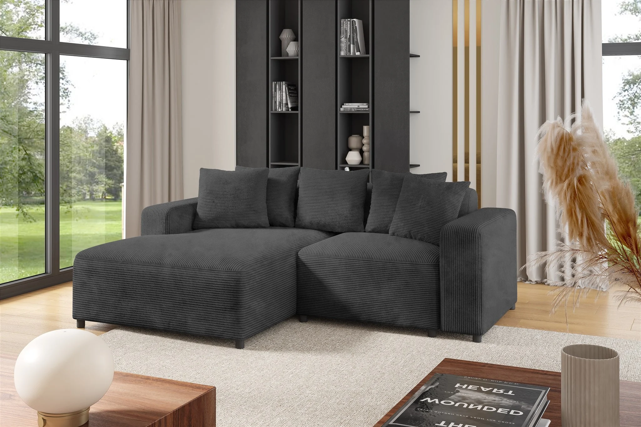 Ecksofa Designersofa Sofa MEGAN XS in Stoff Poso Dunkelgrau Ottomane Links - Fun Möbel