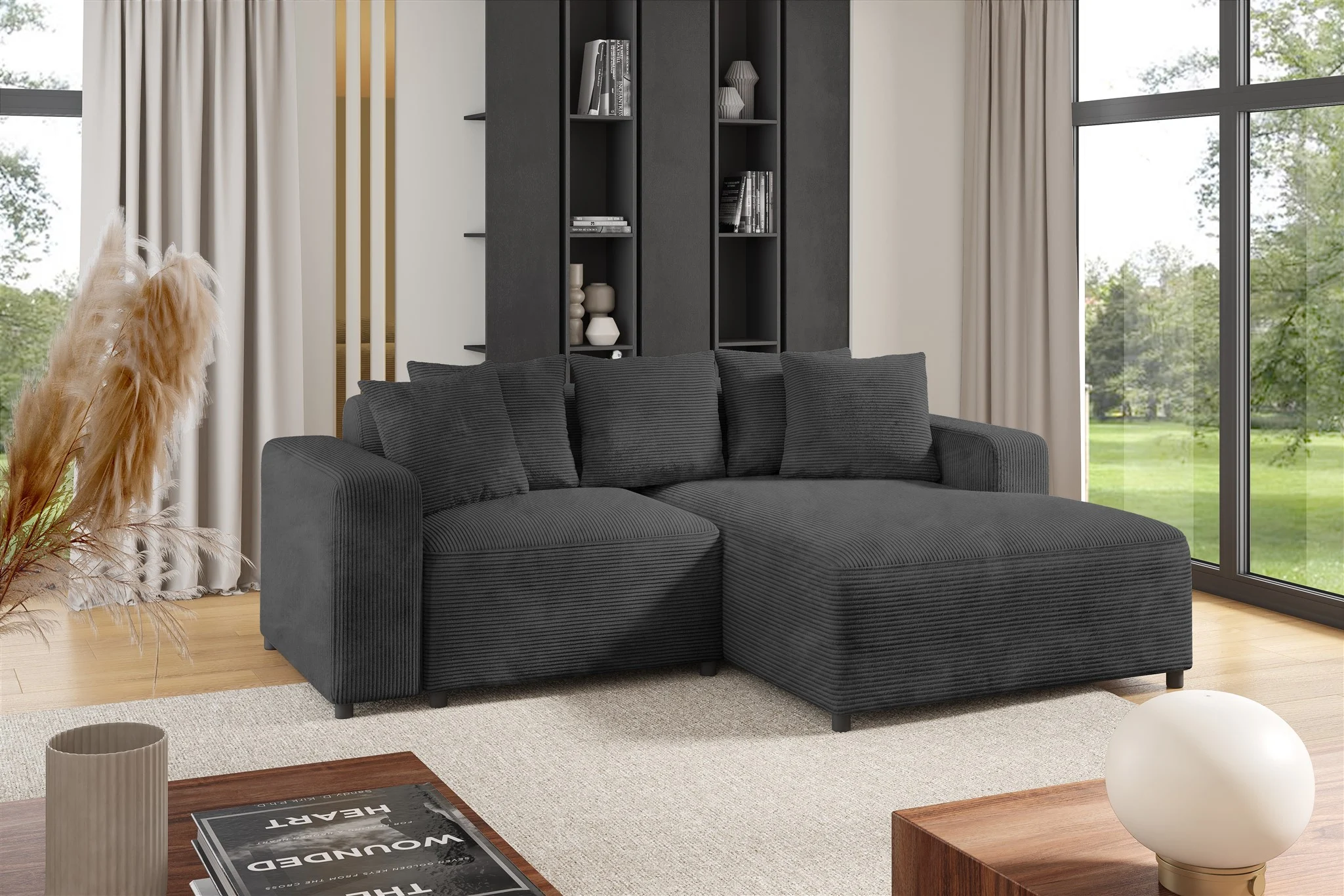 Ecksofa Designersofa Sofa MEGAN XS in Stoff Poso Dunkelgrau Ottomane Rechts - Fun Möbel