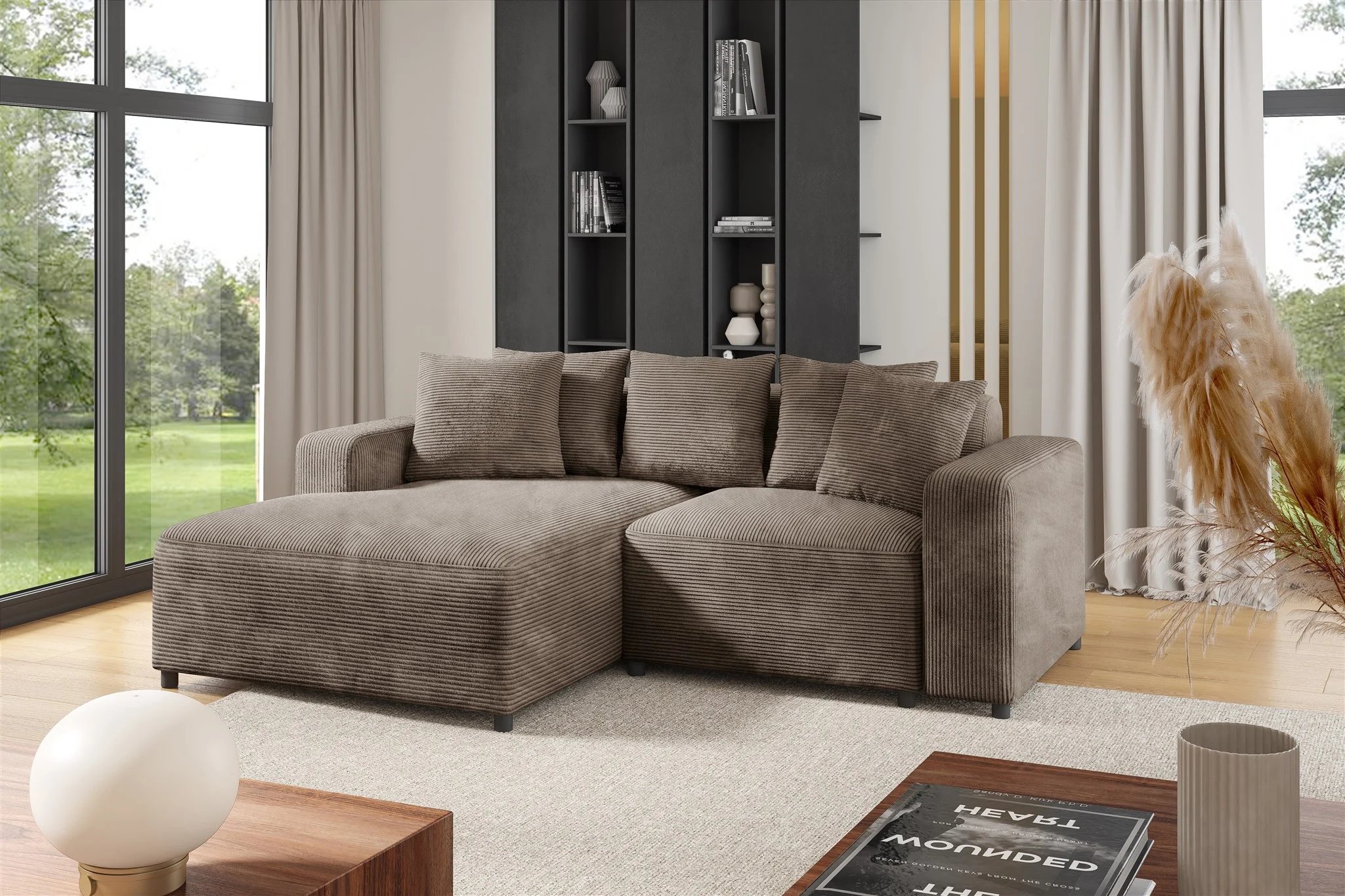 Ecksofa Designersofa Sofa MEGAN XS in Stoff Poso Cappuccino Ottomane Links - Fun Möbel
