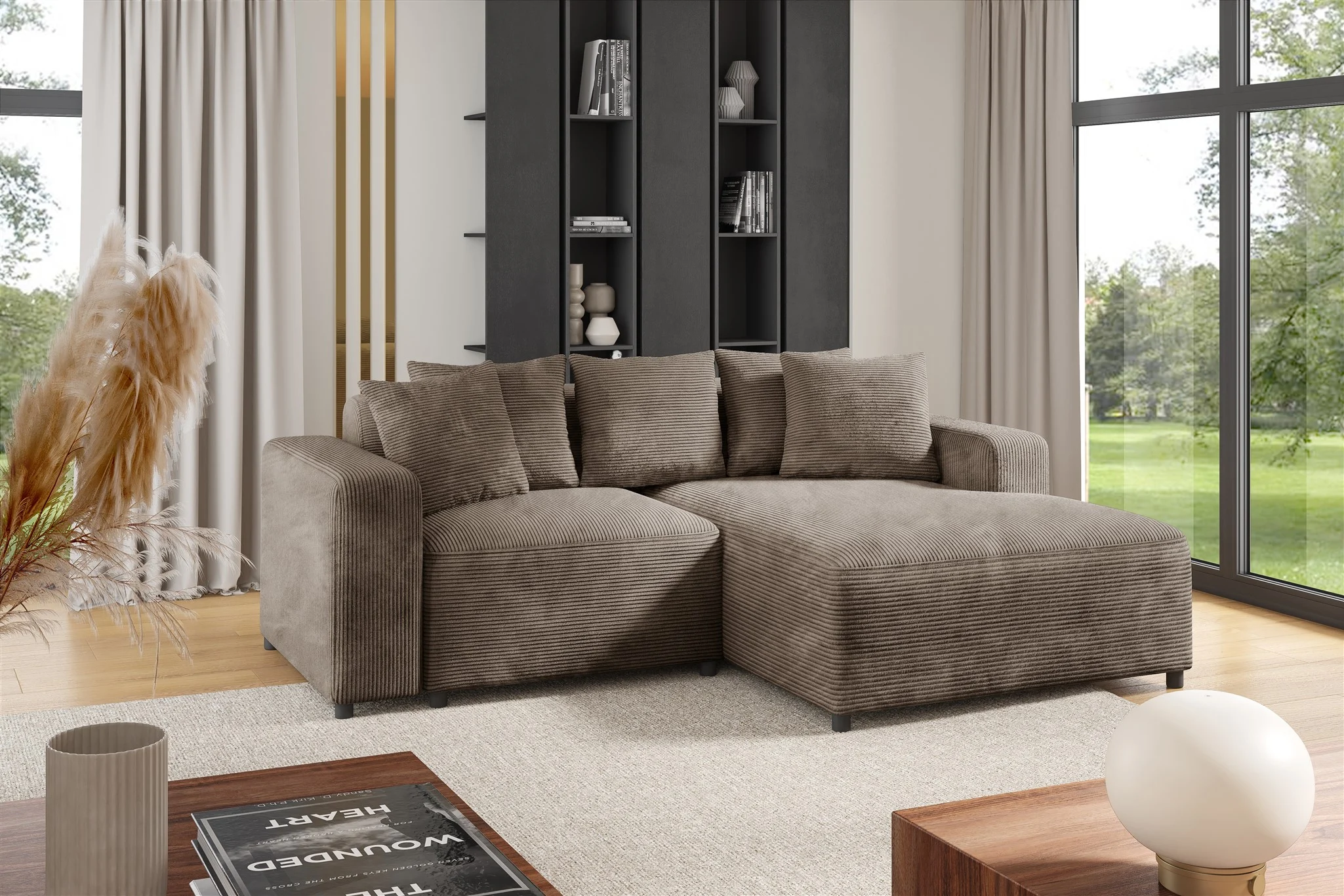Ecksofa Designersofa Sofa MEGAN XS in Stoff Poso Cappuccino Ottomane Rechts - Fun Möbel