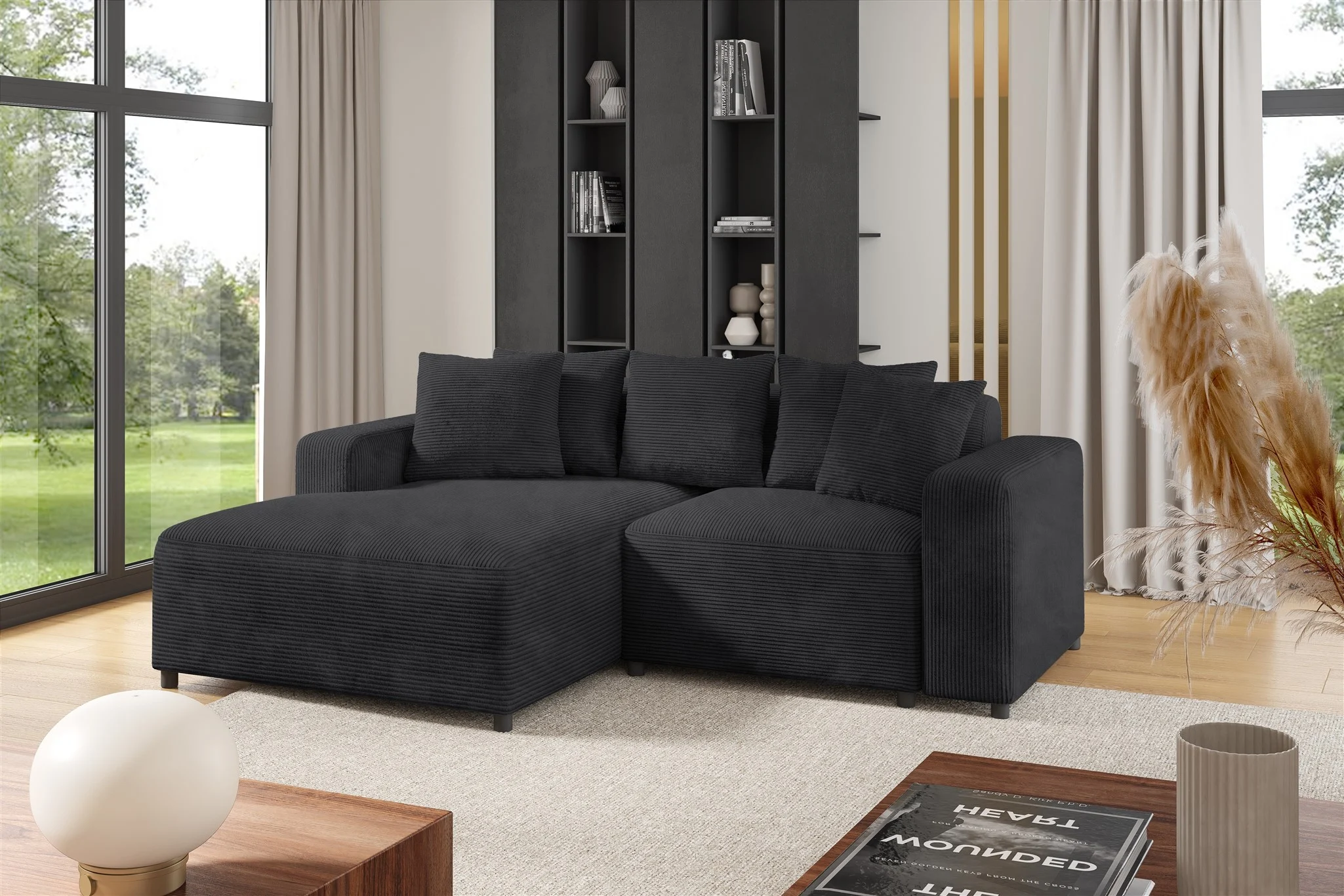 Ecksofa Designersofa Sofa MEGAN XS in Stoff Poso Anthrazit Ottomane Links - Fun Möbel