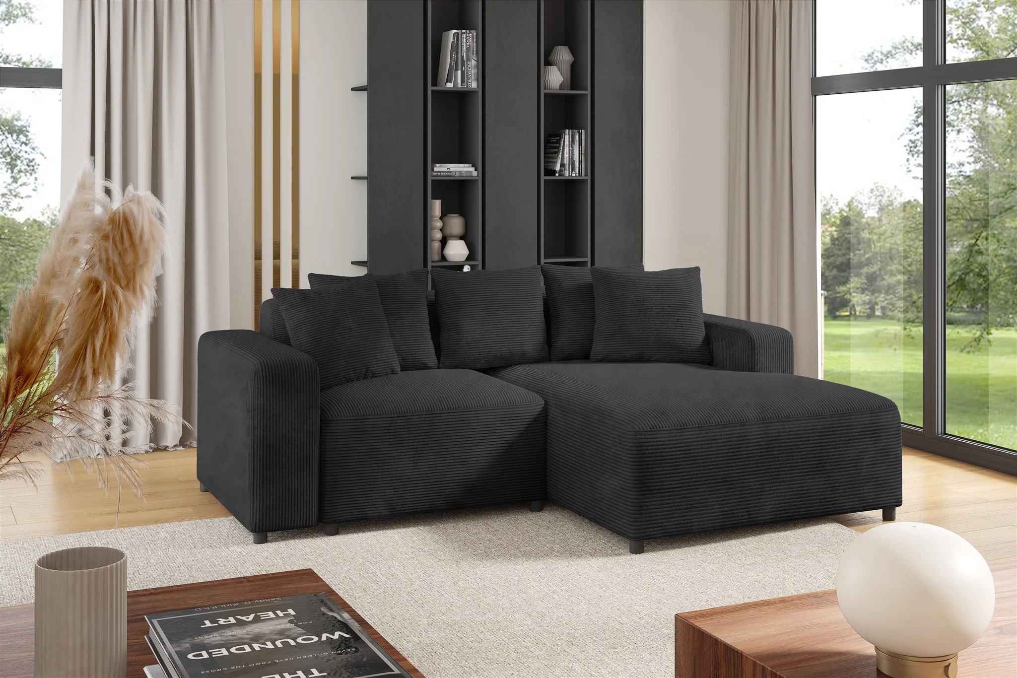 Ecksofa Designersofa Sofa MEGAN XS in Stoff Poso Anthrazit Ottomane Rechts - Fun Möbel