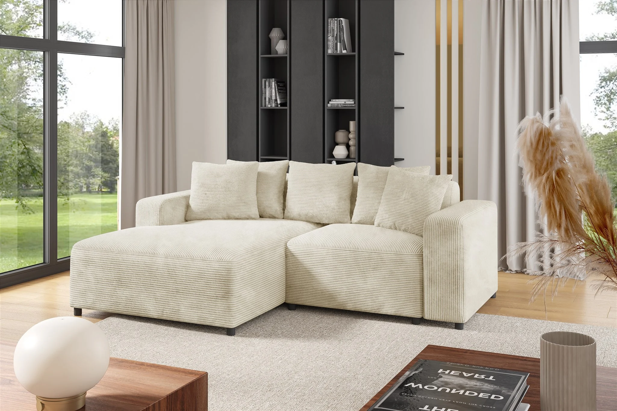 Ecksofa Designersofa Sofa MEGAN XS in Stoff Poso Creme Ottomane Links - Fun Möbel