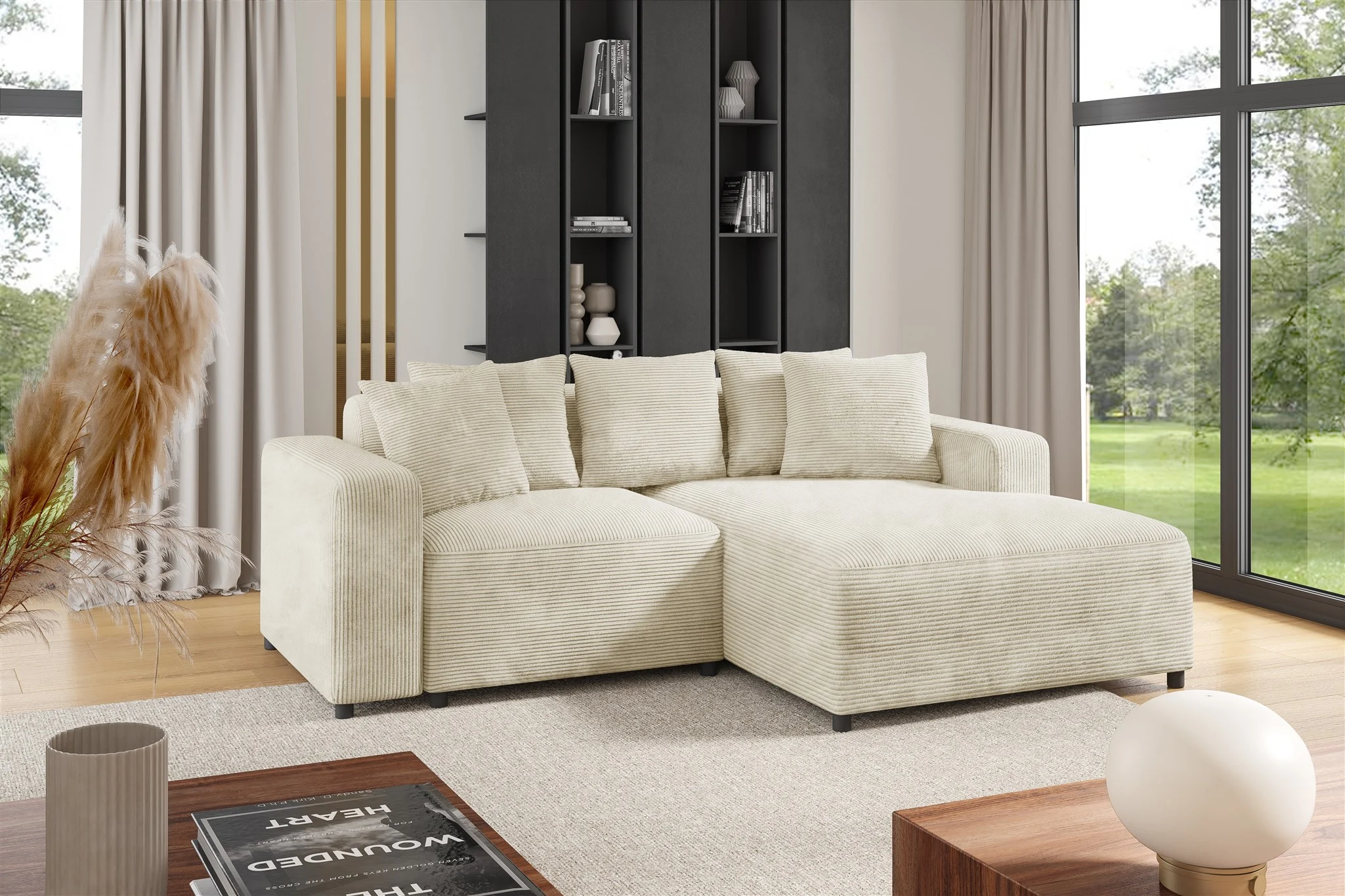 Ecksofa Designersofa Sofa MEGAN XS in Stoff Poso Creme Ottomane Rechts - Fun Möbel