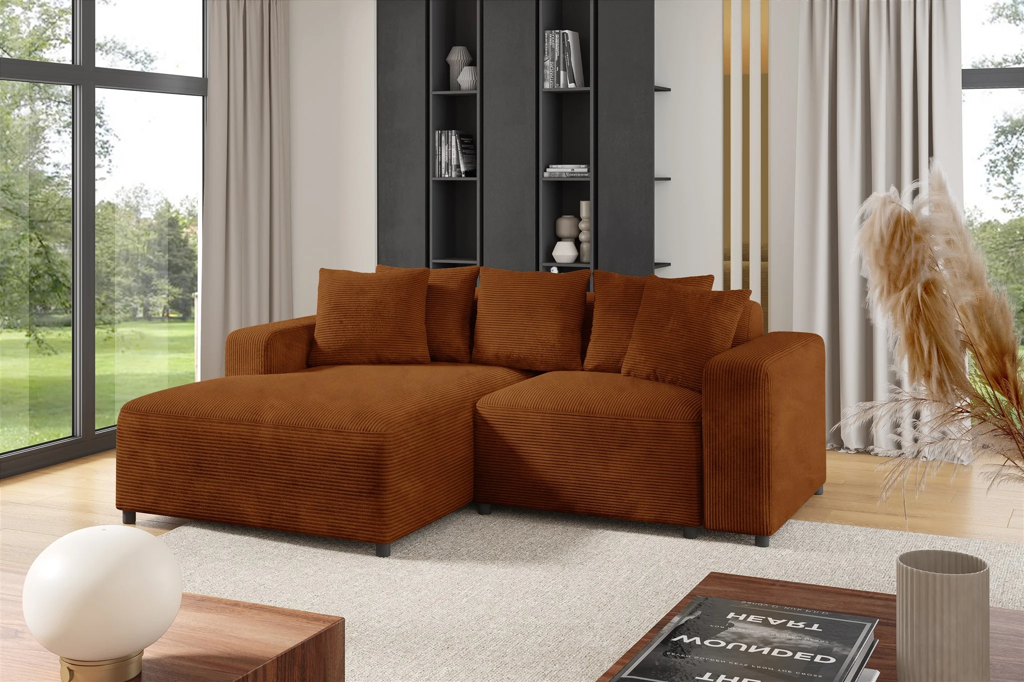 Ecksofa Designersofa Sofa MEGAN XS in Stoff Poso Rostbraun Ottomane Links - Fun Möbel