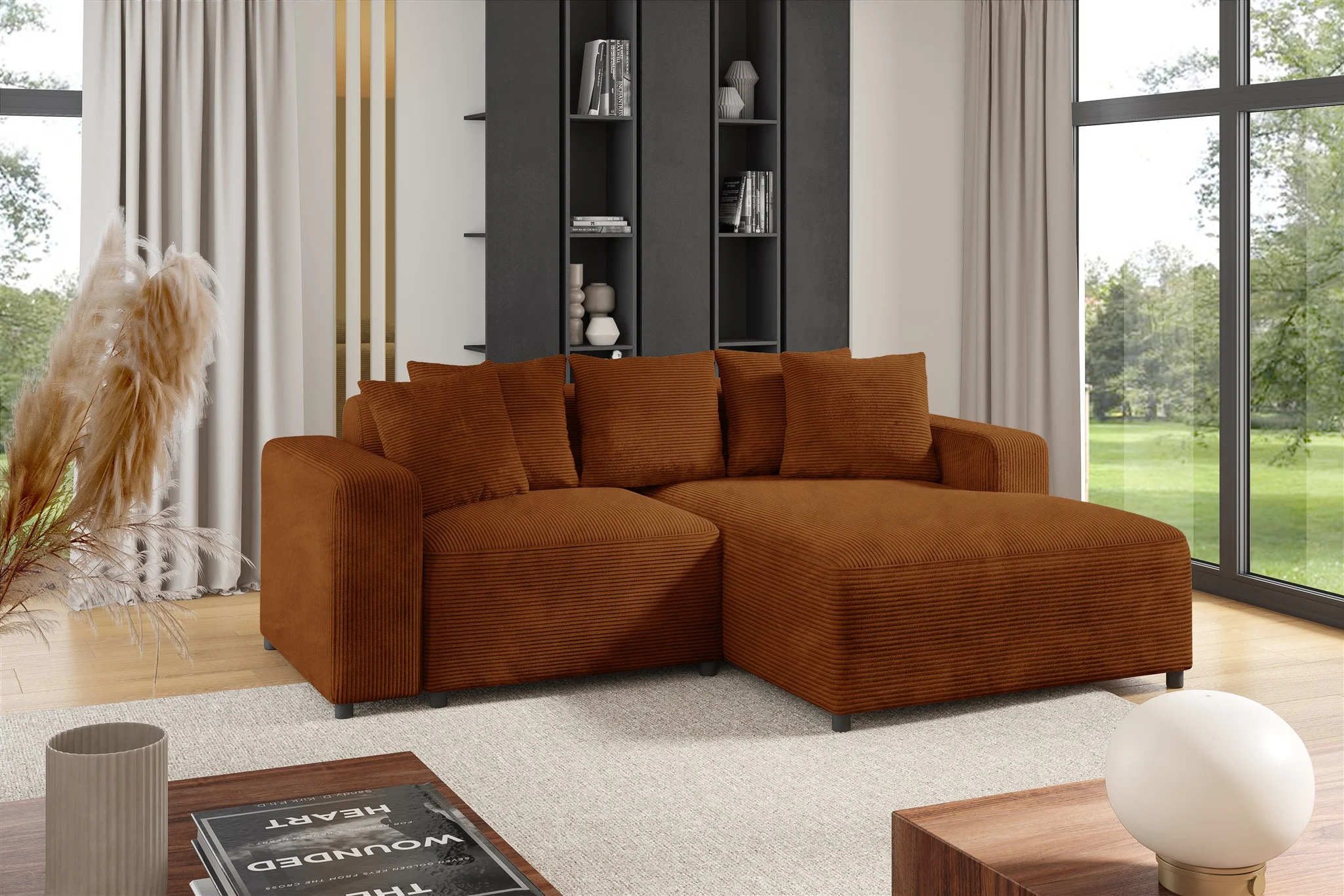 Ecksofa Designersofa Sofa MEGAN XS in Stoff Poso Rostbraun Ottomane Rechts - Fun Möbel