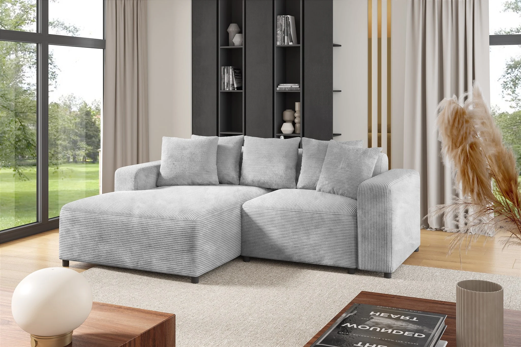 Ecksofa Designersofa Sofa MEGAN XS in Stoff Poso Hellgrau Ottomane Links - Fun Möbel