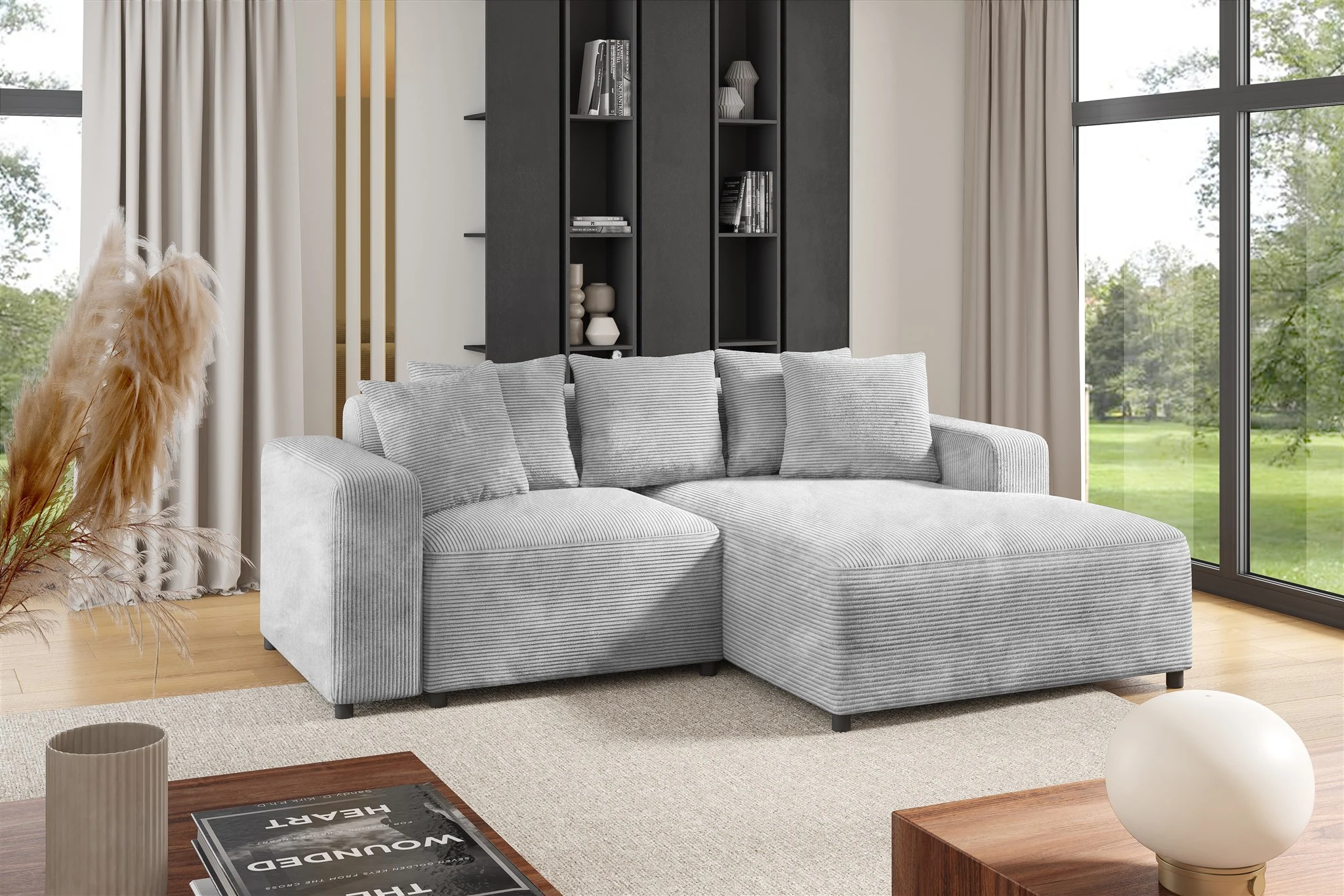 Ecksofa Designersofa Sofa MEGAN XS in Stoff Poso Hellgrau Ottomane Rechts - Fun Möbel