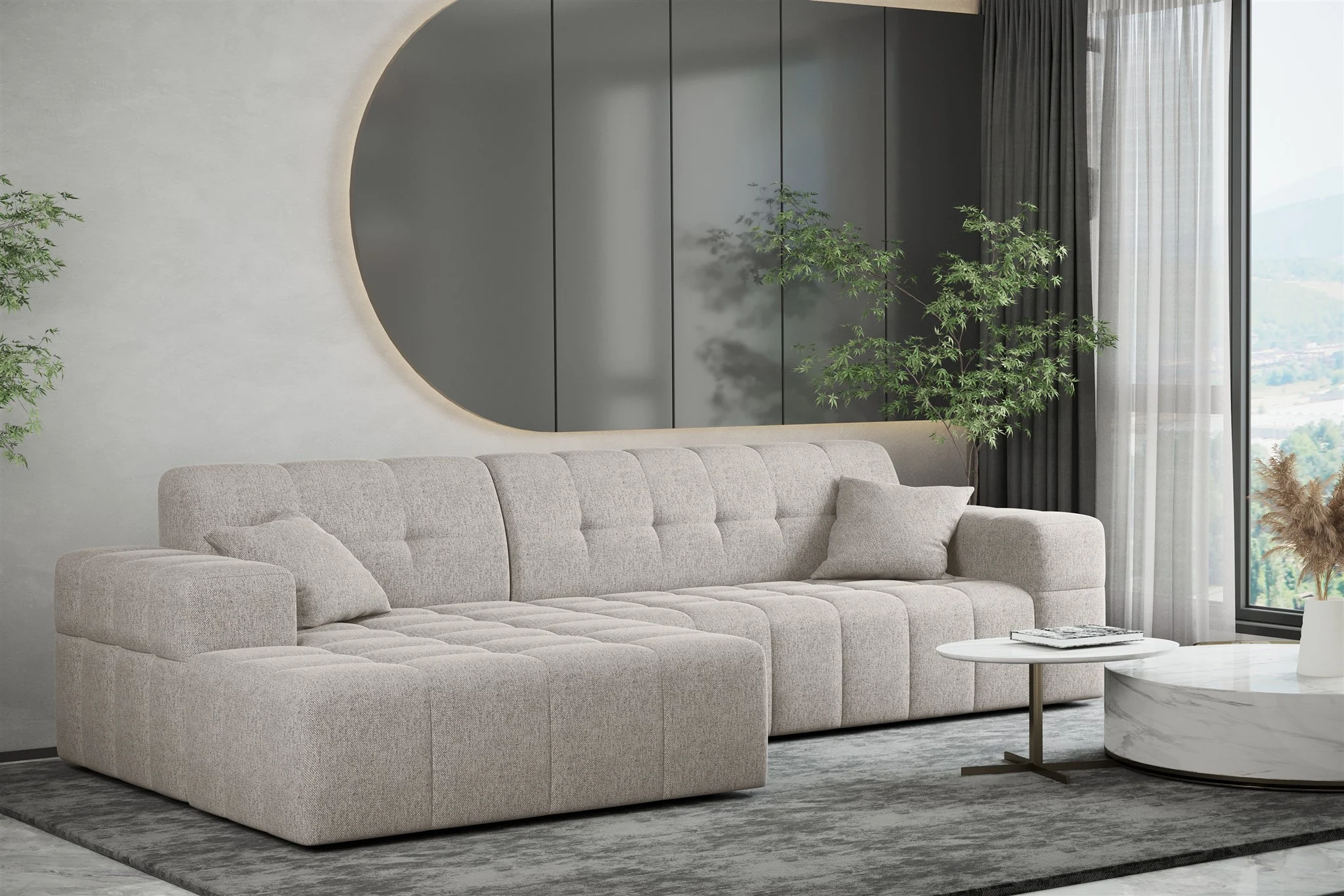 Ecksofa Designersofa NANCY in Stoff Neve Beige Ottomane Links - Fun Möbel