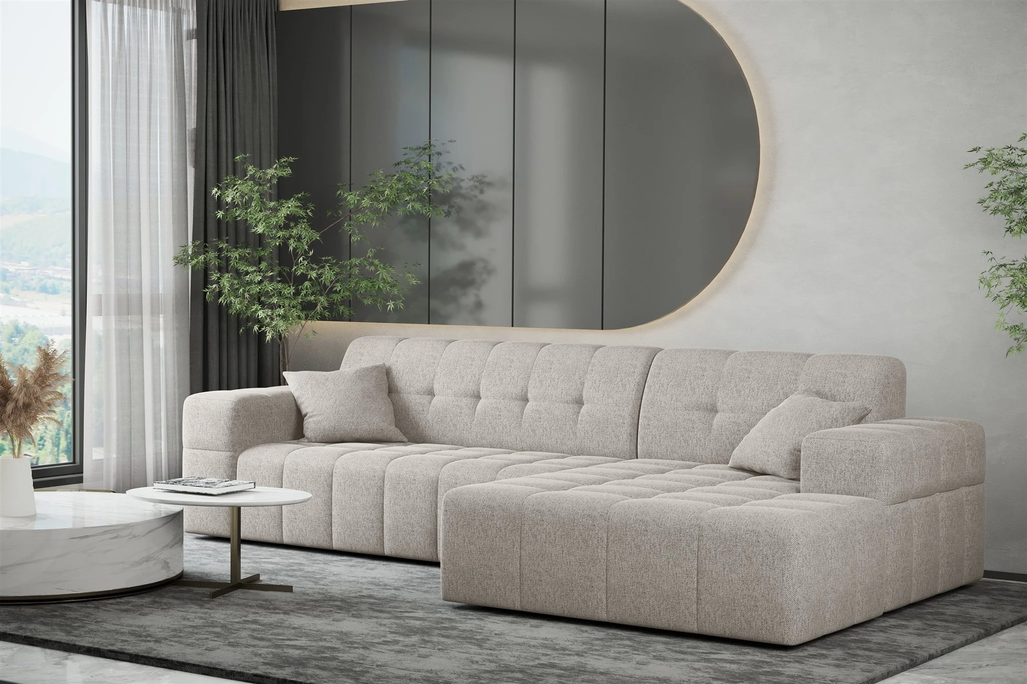 Ecksofa Designersofa NANCY in Stoff Neve Beige Ottomane Rechts - Fun Möbel