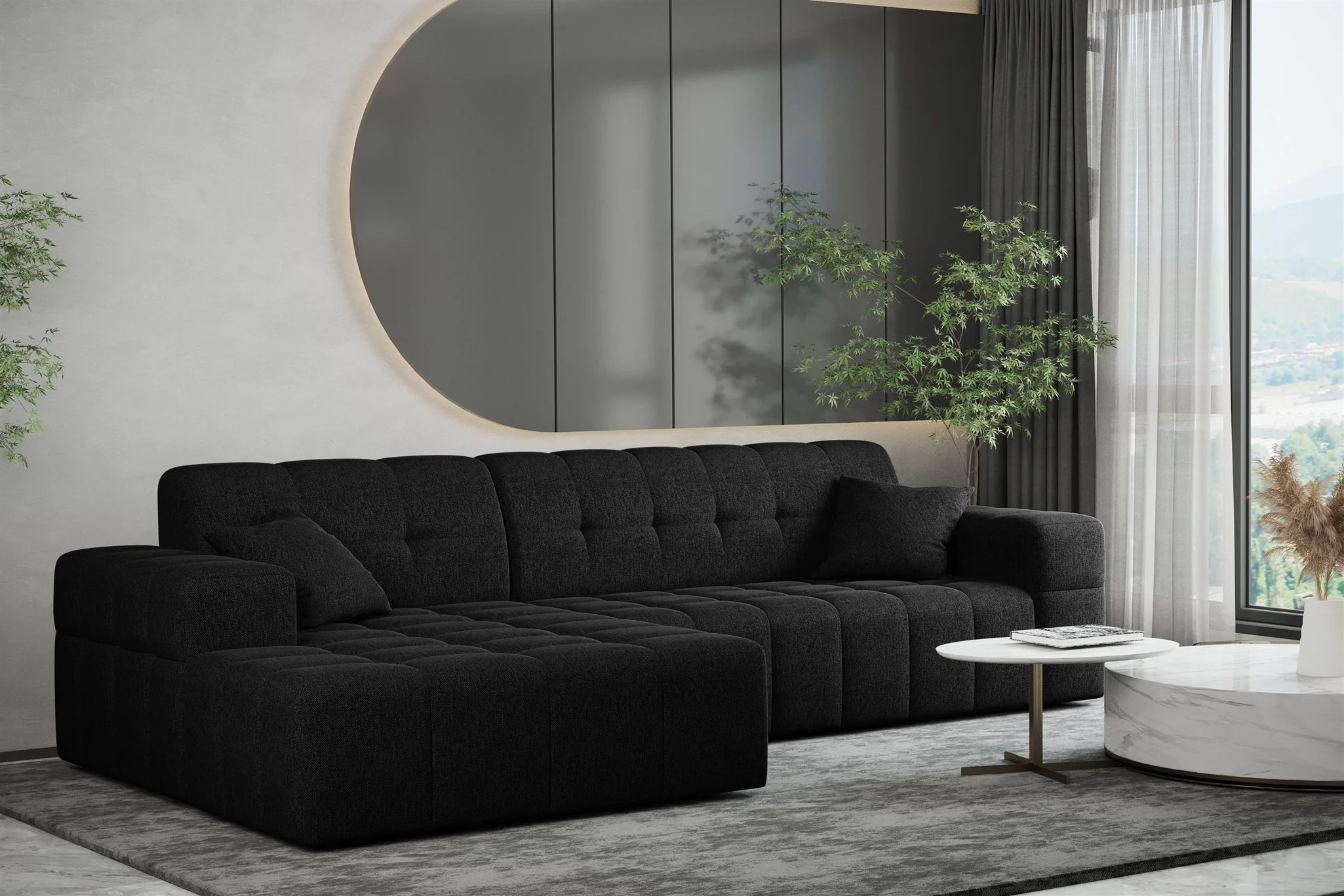 Ecksofa Designersofa NANCY in Stoff Neve Schwarz Ottomane Links - Fun Möbel