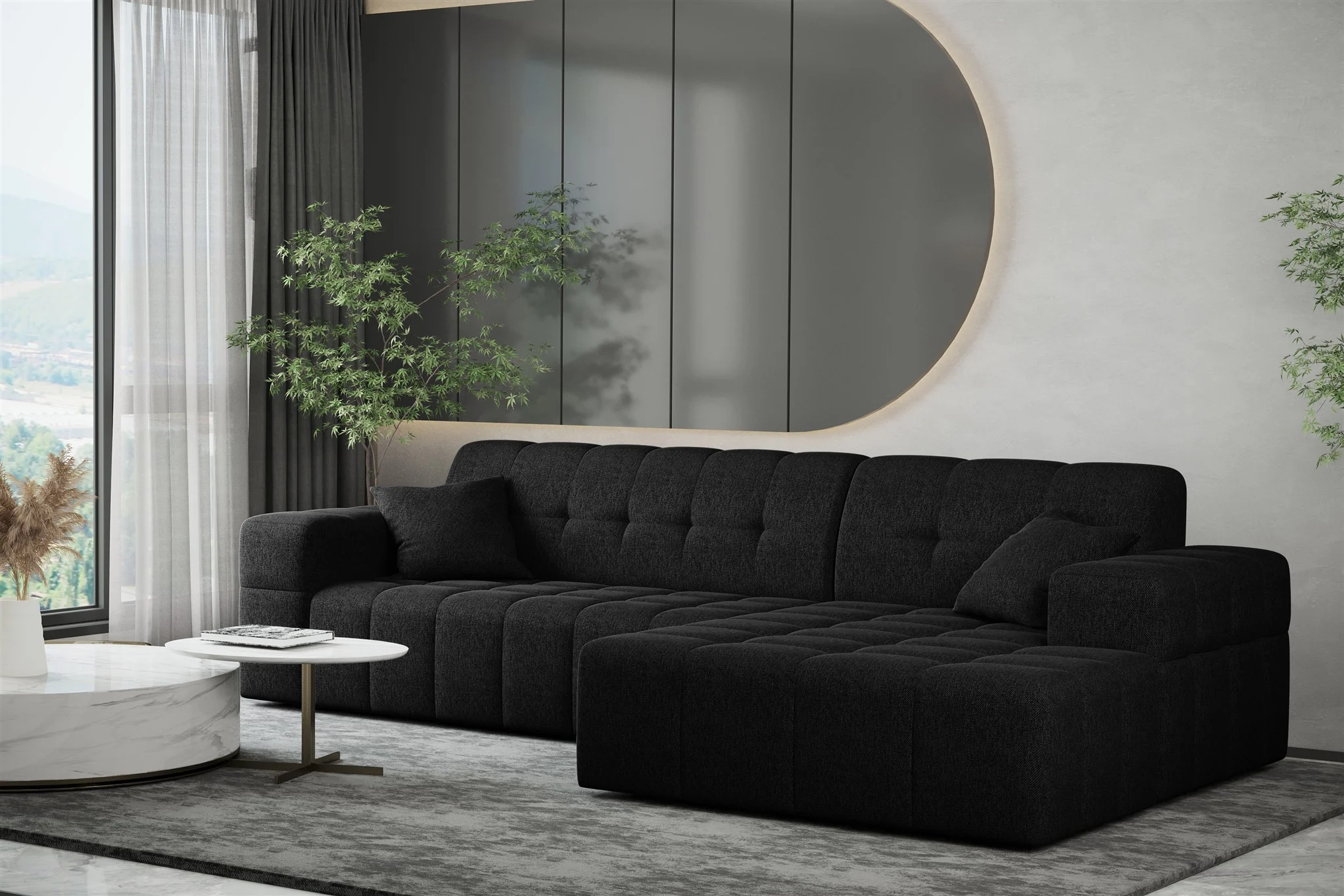 Ecksofa Designersofa NANCY in Stoff Neve Schwarz Ottomane Rechts - Fun Möbel