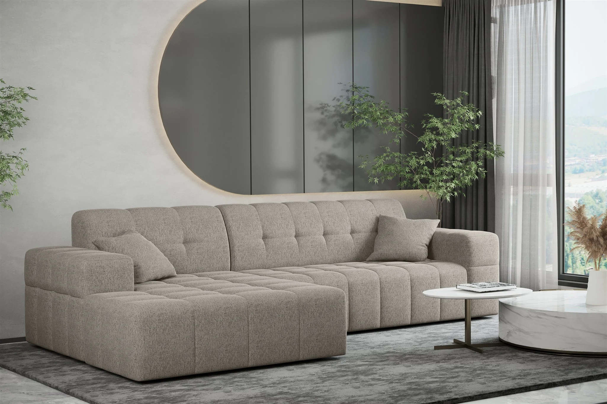 Ecksofa Designersofa NANCY in Stoff Neve Macchiato Ottomane Links - Fun Möbel