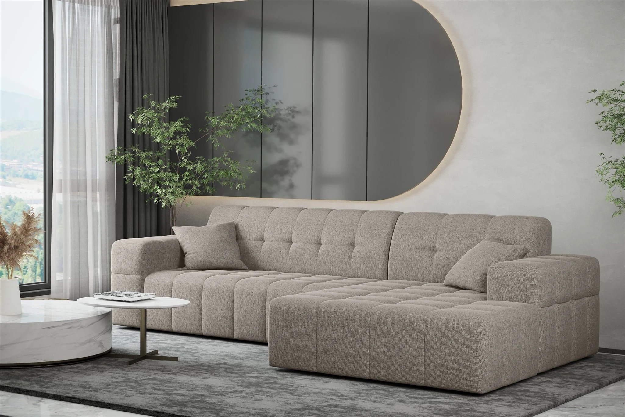 Ecksofa Designersofa NANCY in Stoff Neve Macchiato Ottomane Rechts - Fun Möbel