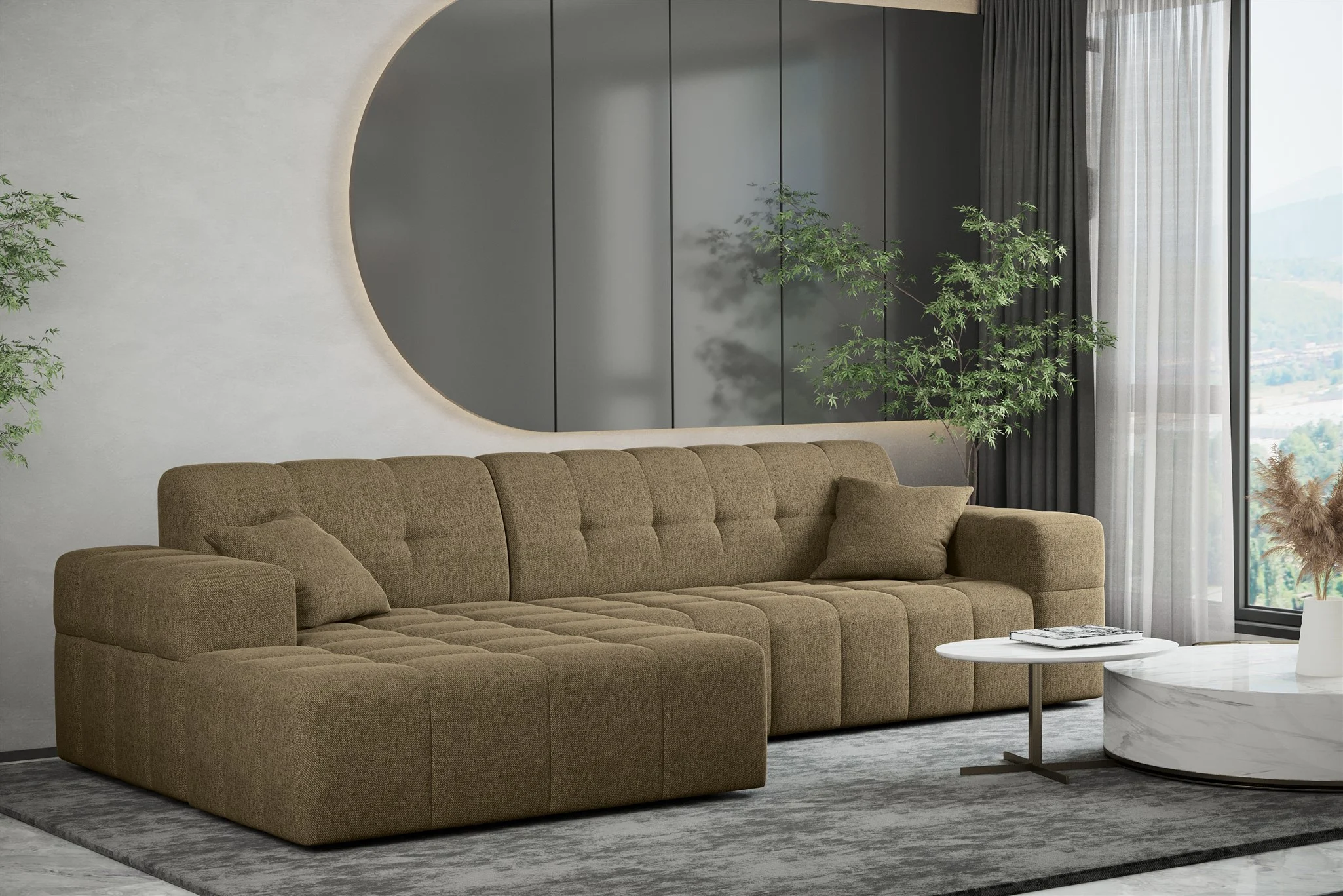 Ecksofa Designersofa NANCY in Stoff Neve Hellbraun Ottomane Links - Fun Möbel