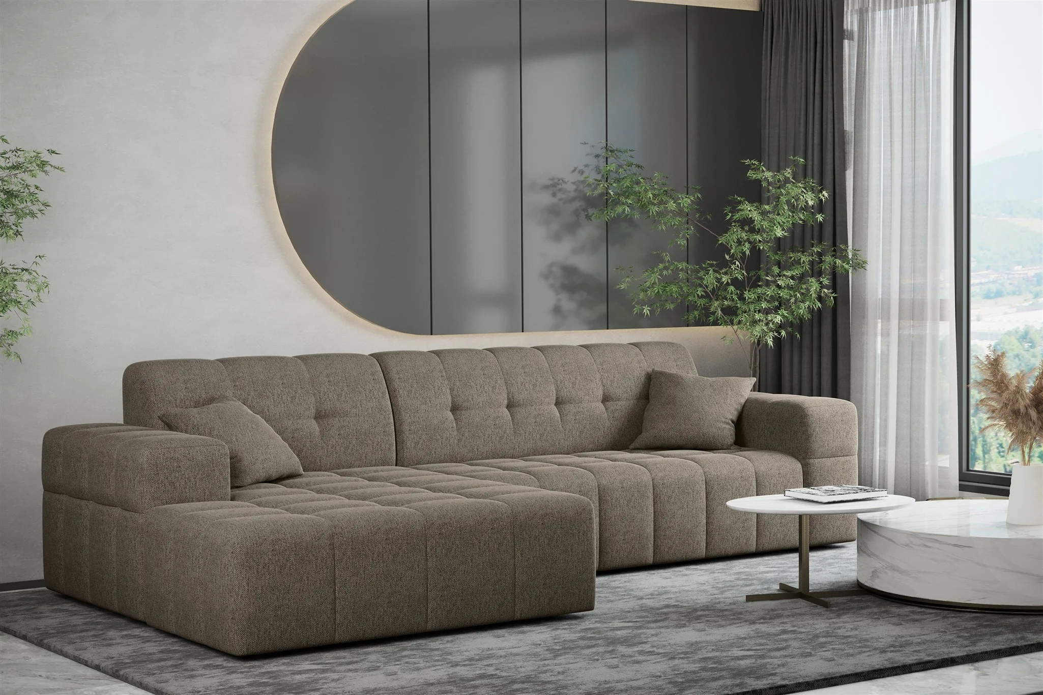 Ecksofa Designersofa NANCY in Stoff Neve Taupe Ottomane Links - Fun Möbel