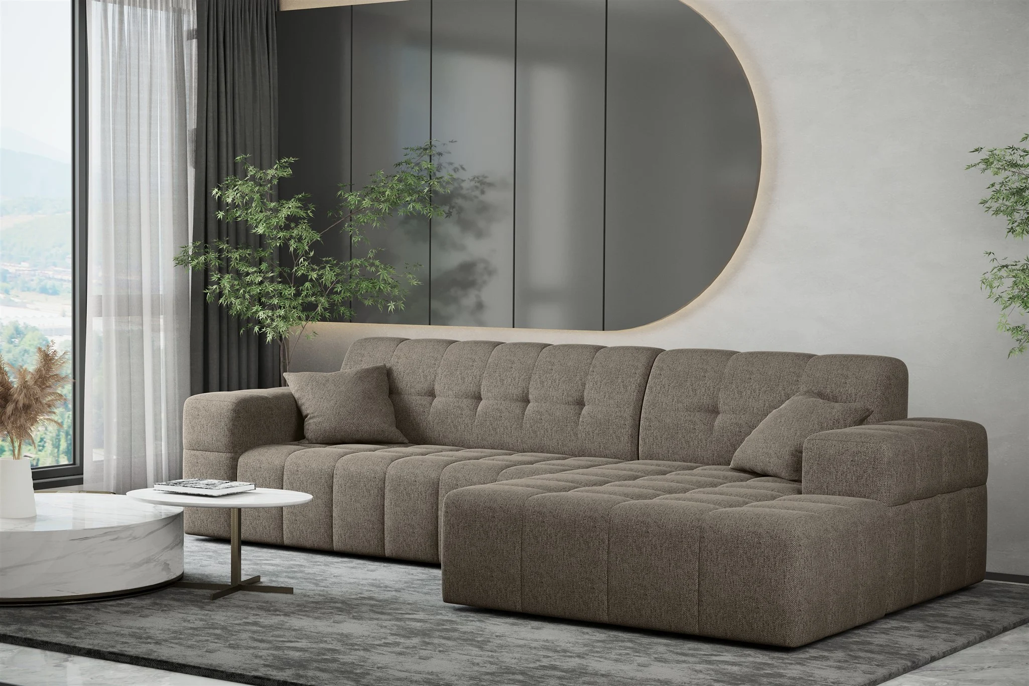 Ecksofa Designersofa NANCY in Stoff Neve Taupe Ottomane Rechts - Fun Möbel