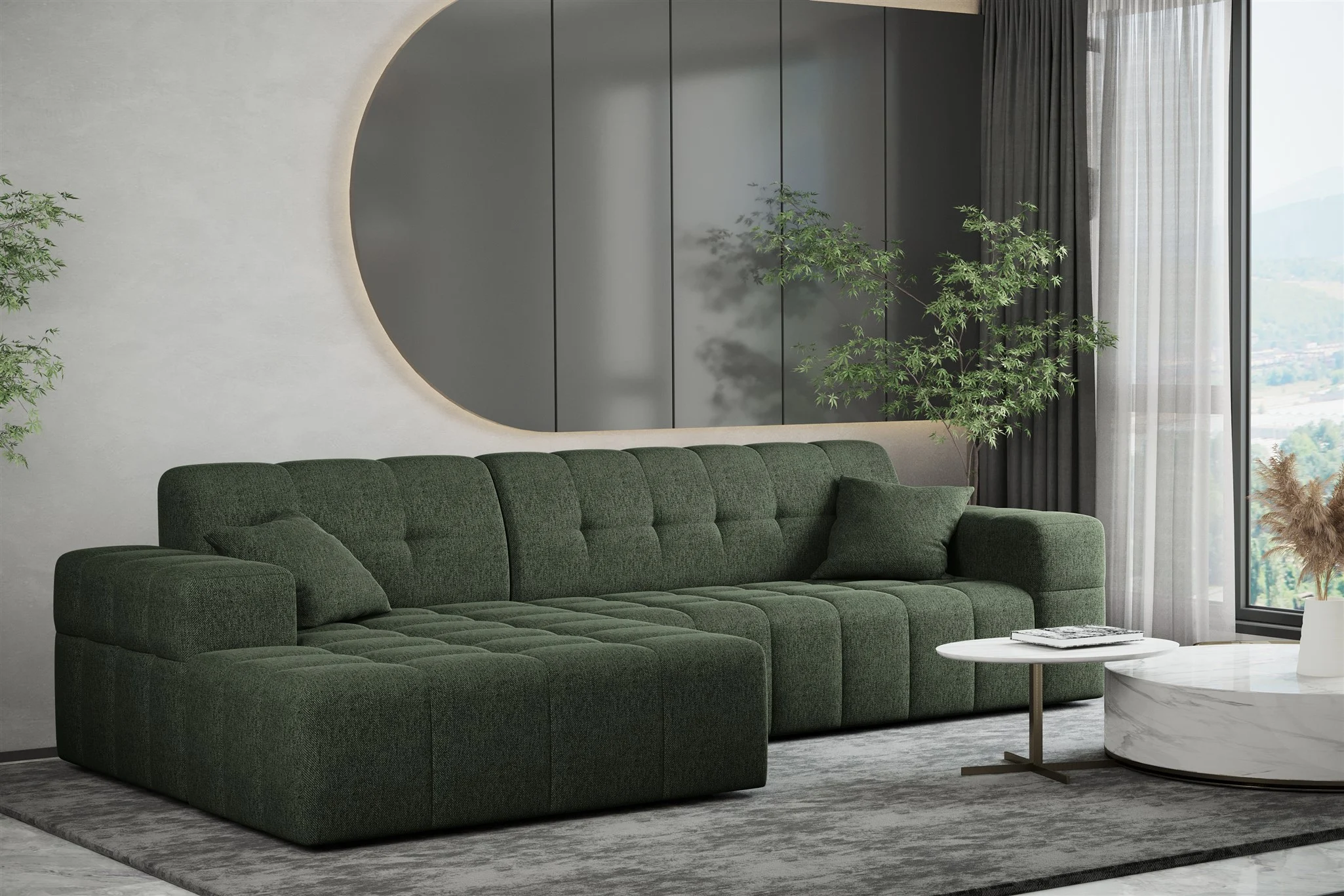 Ecksofa Designersofa NANCY in Stoff Neve Tannengrün Ottomane Links - Fun Möbel