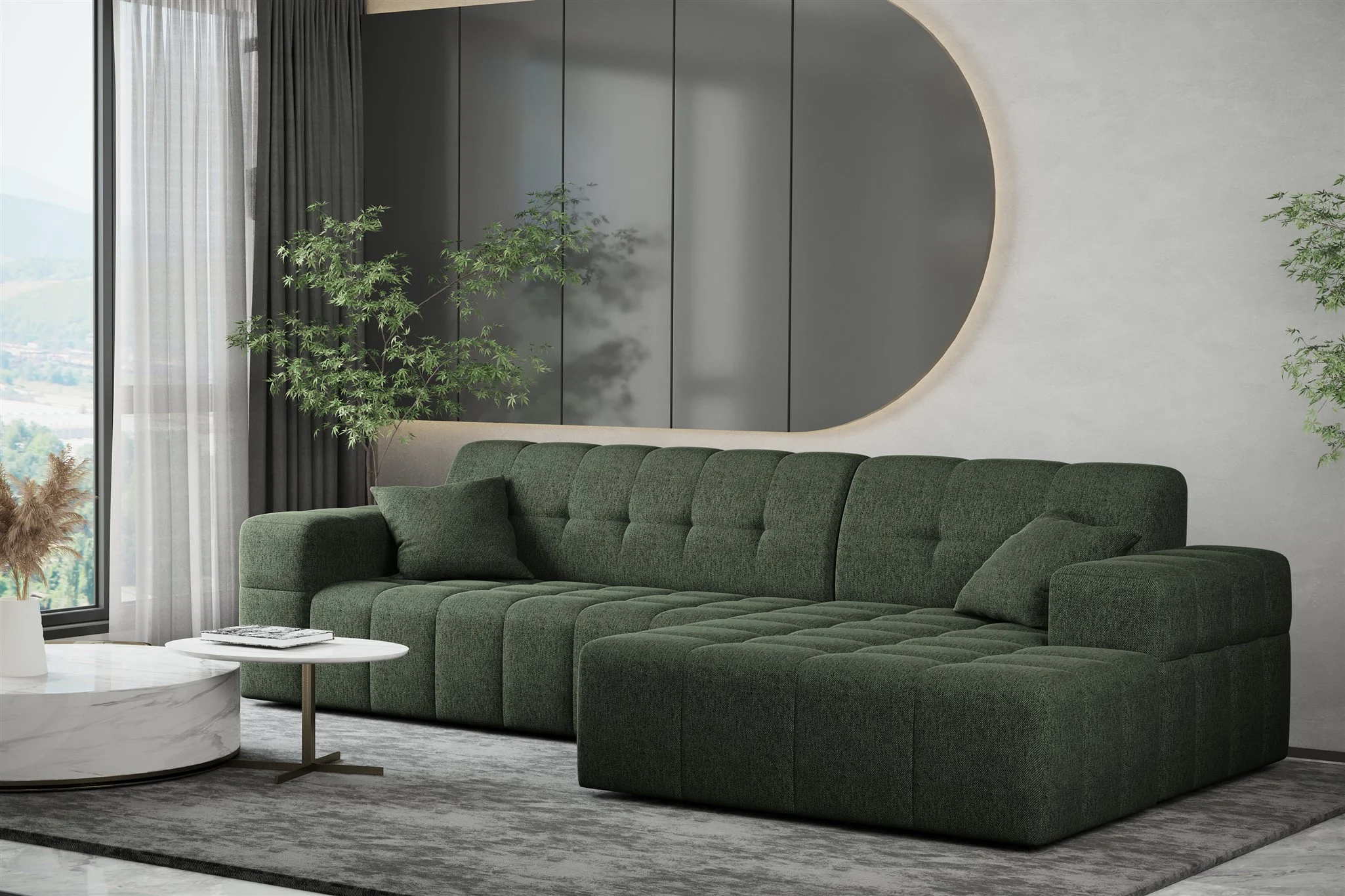 Ecksofa Designersofa NANCY in Stoff Neve Tannengrün Ottomane Rechts - Fun Möbel