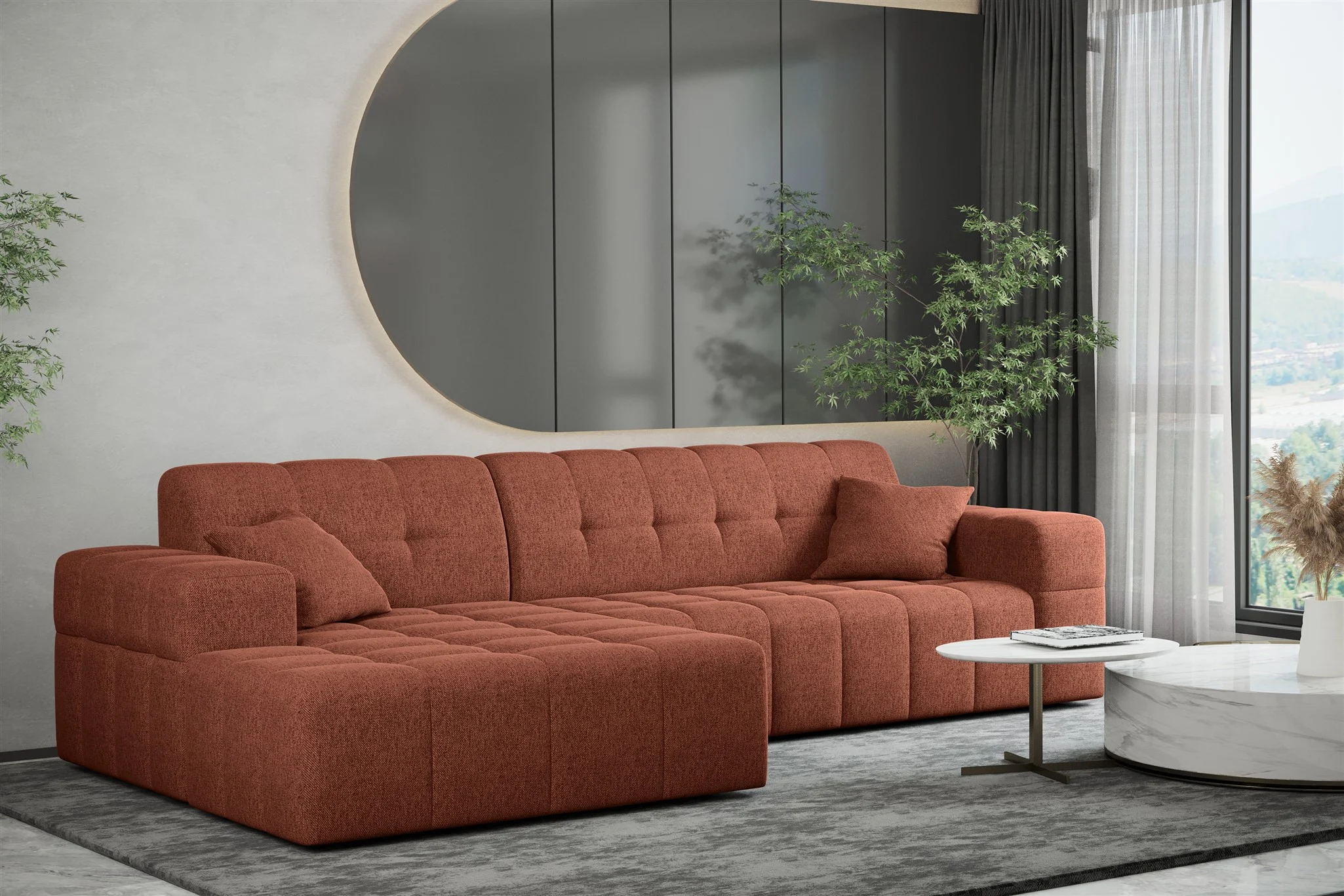 Ecksofa Designersofa NANCY in Stoff Neve Rostbraun Ottomane Links - Fun Möbel