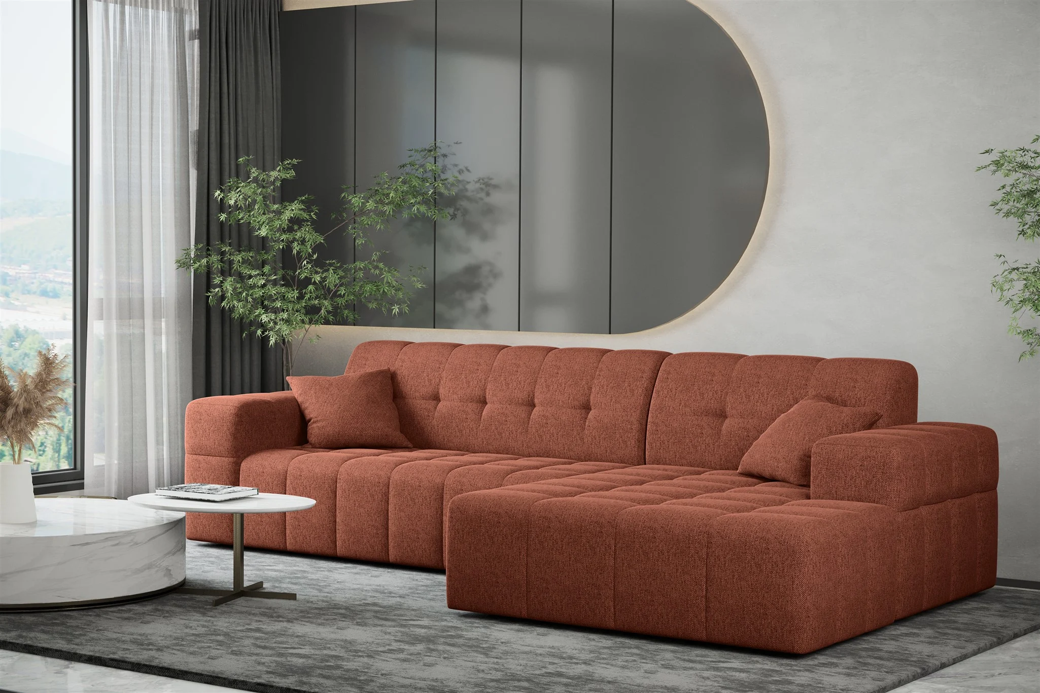 Ecksofa Designersofa NANCY in Stoff Neve Rostbraun Ottomane Rechts - Fun Möbel