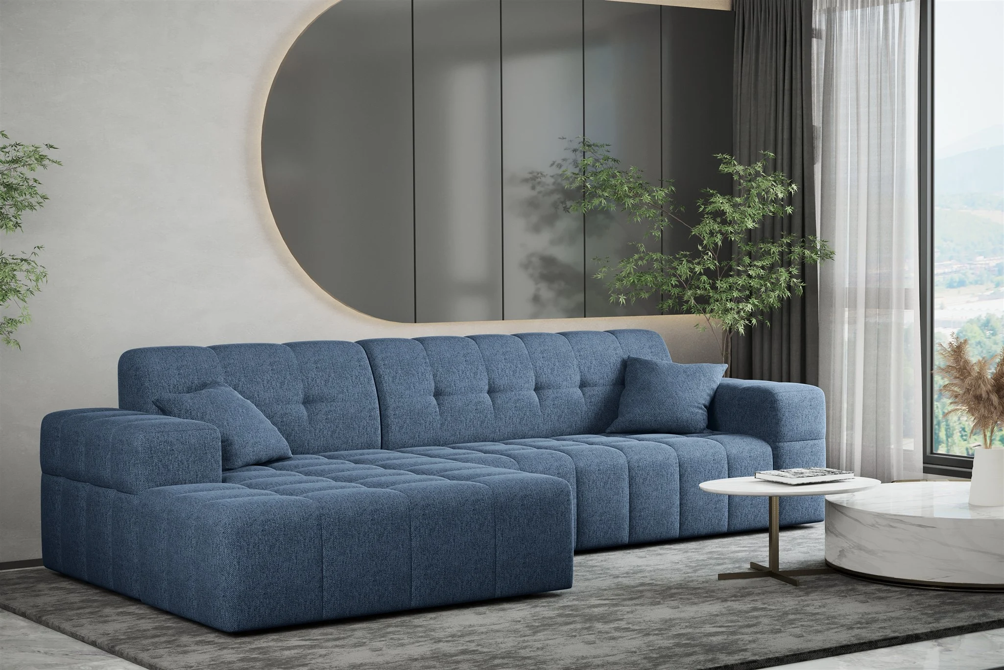 Ecksofa Designersofa NANCY in Stoff Neve Blau Ottomane Links - Fun Möbel