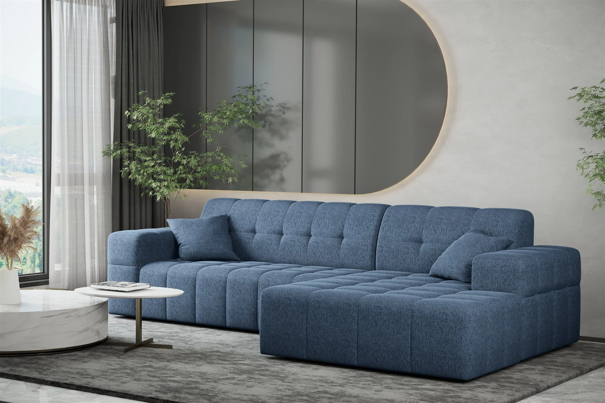 Ecksofa Designersofa NANCY in Stoff Neve Blau Ottomane Rechts - Fun Möbel