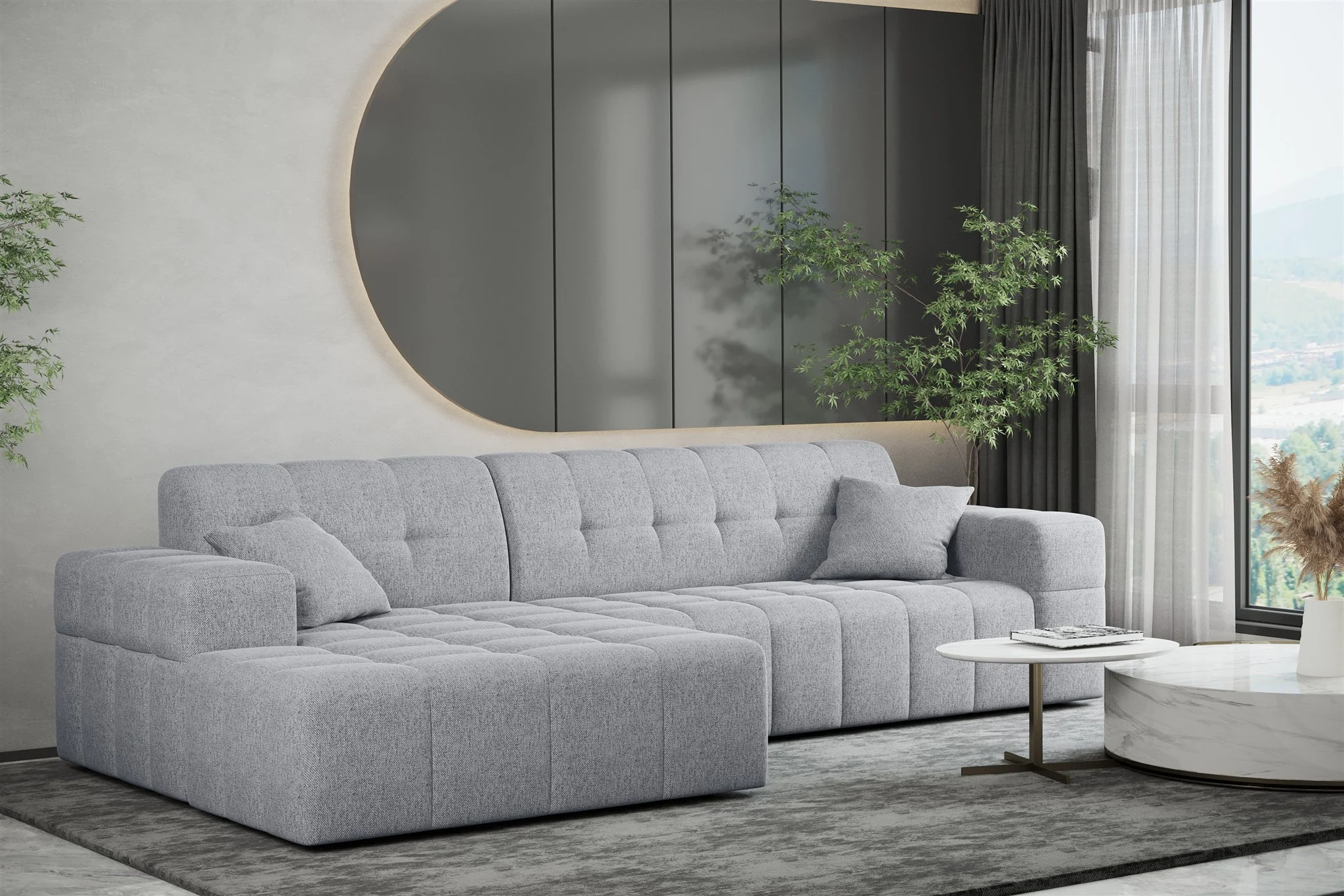 Ecksofa Designersofa NANCY in Stoff Neve Hellgrau Ottomane Links - Fun Möbel