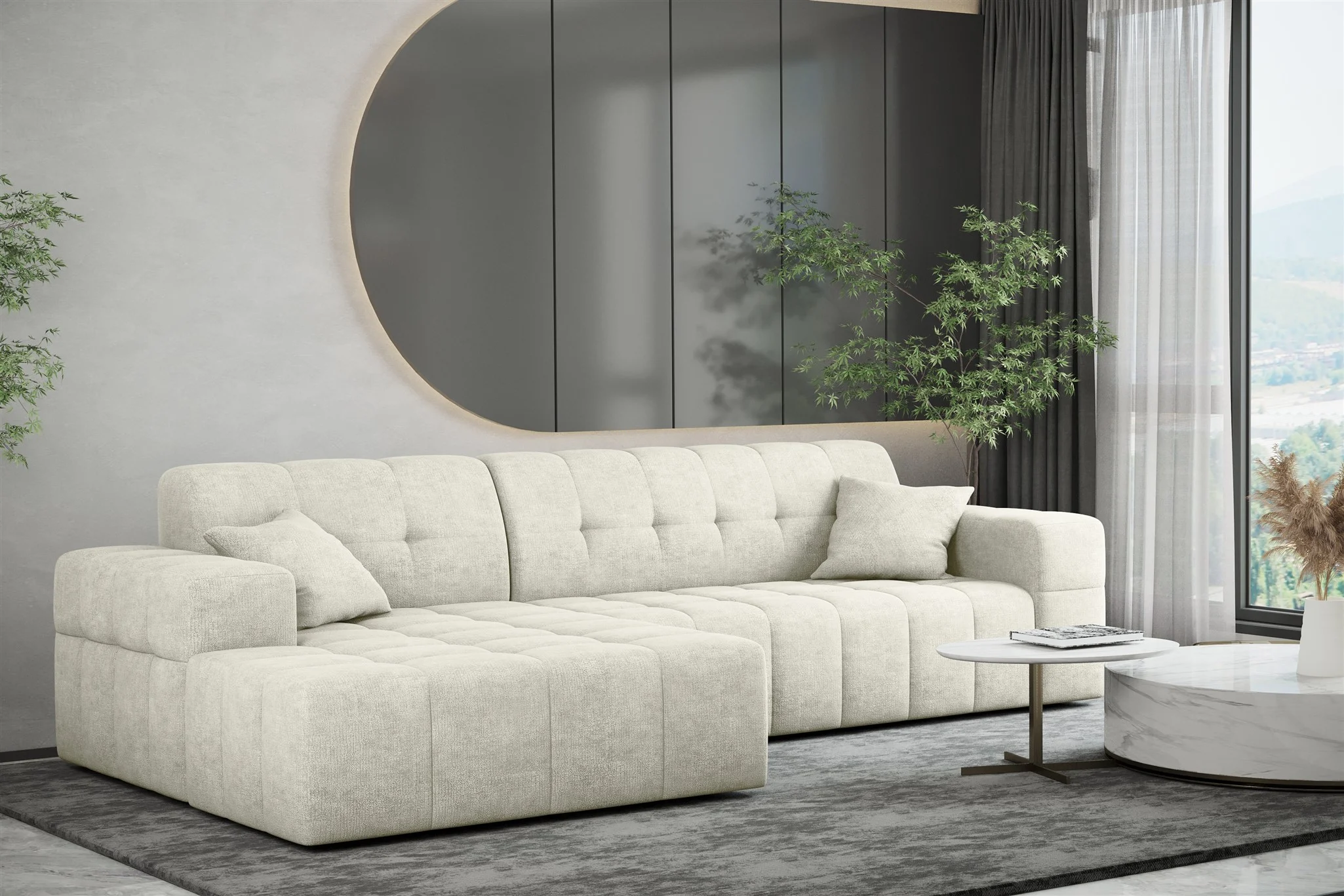 Ecksofa Designersofa NANCY in Stoff Perfekt Harmony Pearl Ottomane Links - Fun Möbel