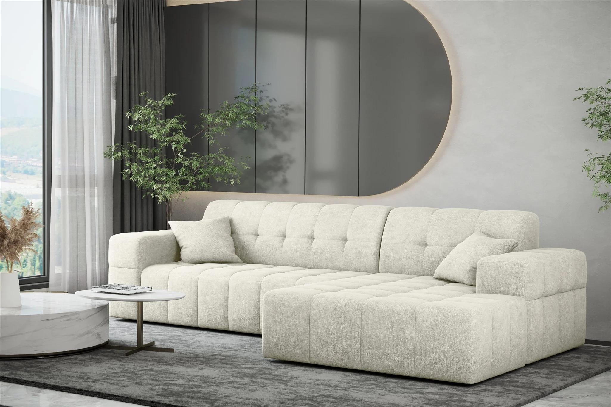 Ecksofa Designersofa NANCY in Stoff Perfekt Harmony Pearl Ottomane Rechts - Fun Möbel