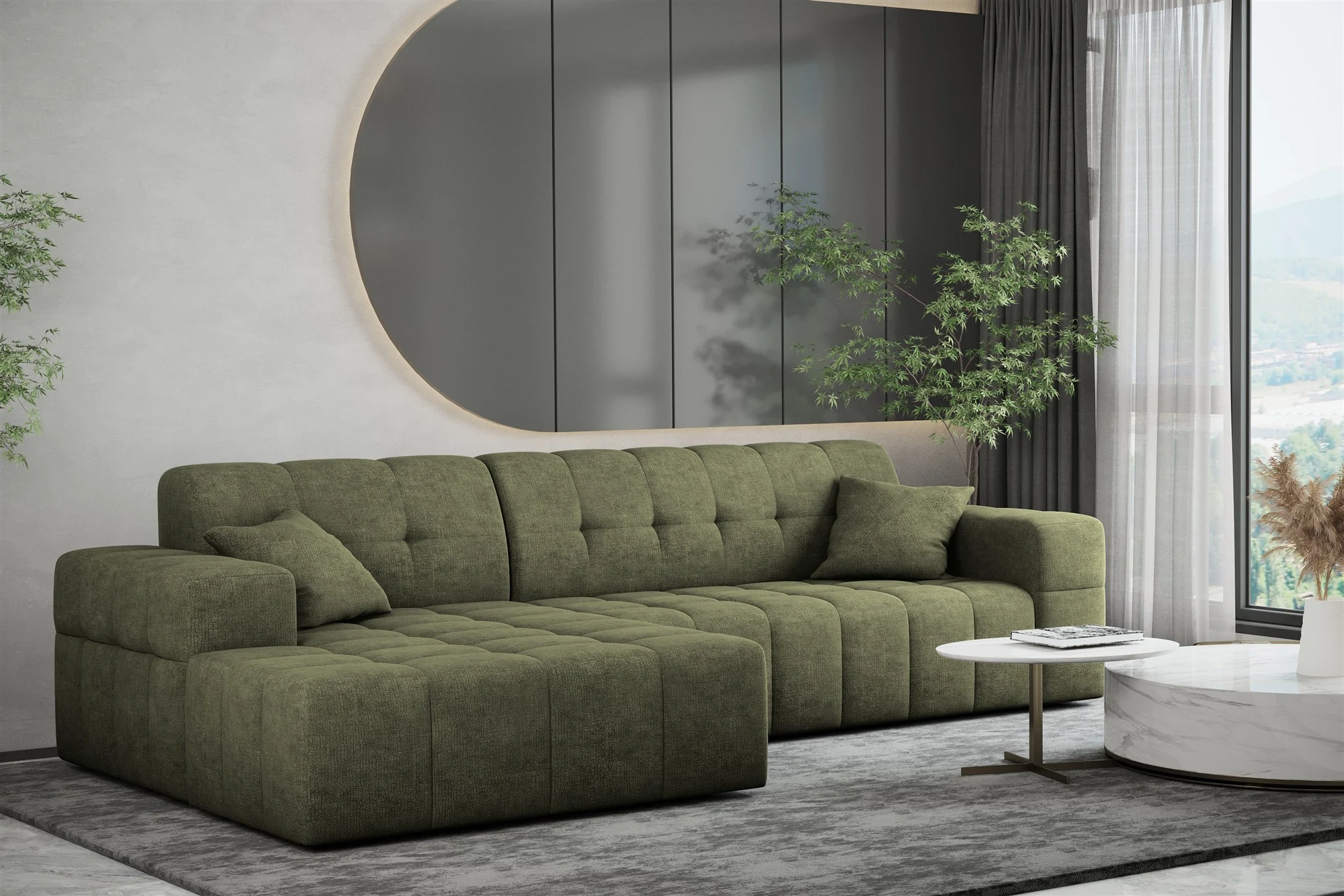 Ecksofa Designersofa NANCY in Stoff Perfekt Harmony Olivgrün Ottomane Links - Fun Möbel