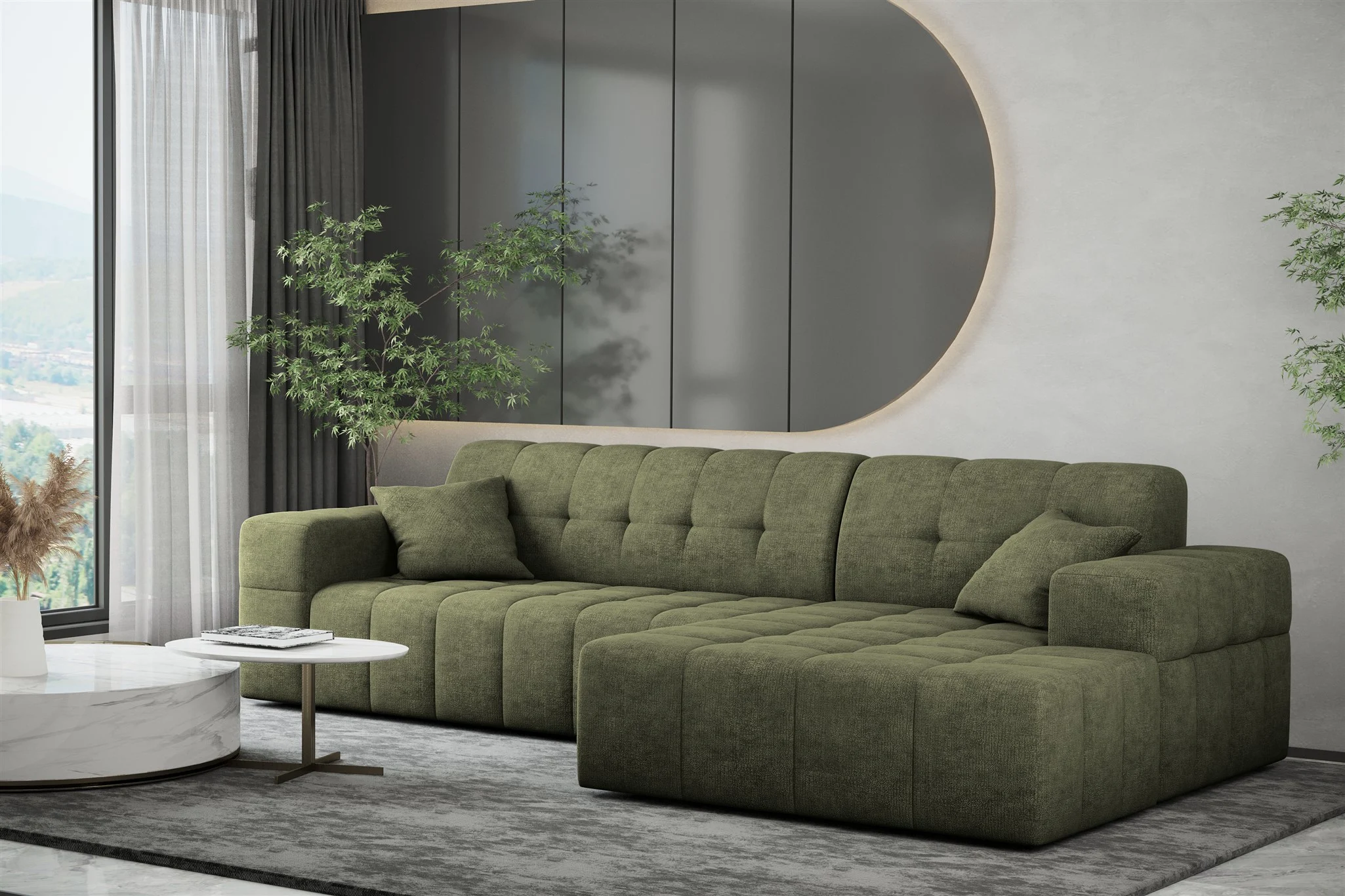 Ecksofa Designersofa NANCY in Stoff Perfekt Harmony Olivgrün Ottomane Rechts - Fun Möbel