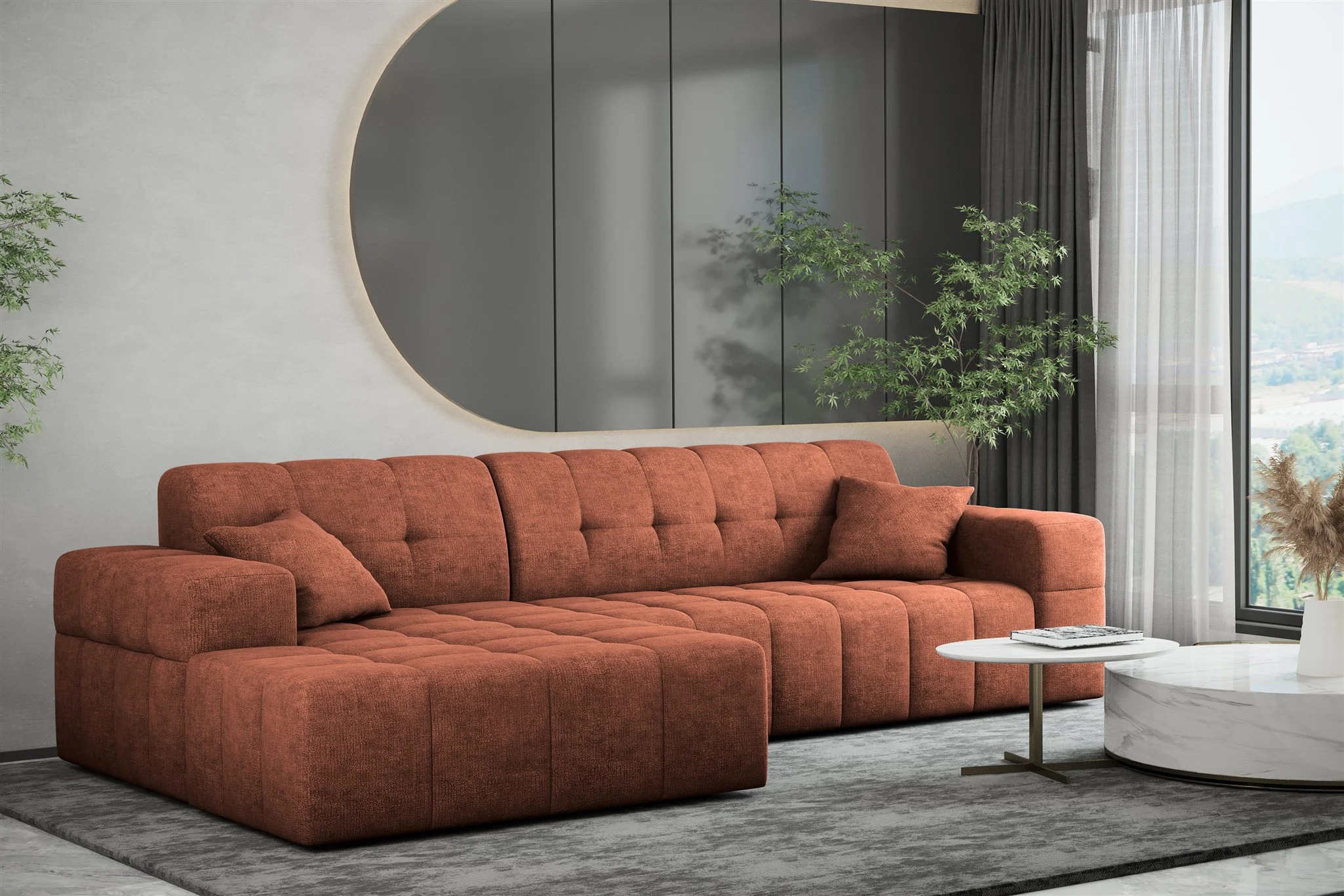 Ecksofa Designersofa NANCY in Stoff Perfekt Harmony Rostbraun Ottomane Links - Fun Möbel