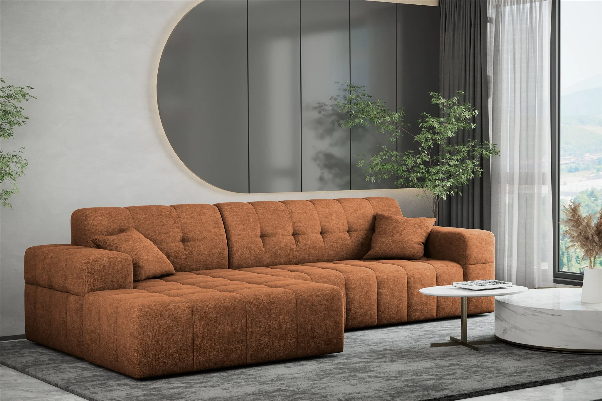 Ecksofa Designersofa NANCY in Stoff Perfekt Harmony Caramel Ottomane Links - Fun Möbel