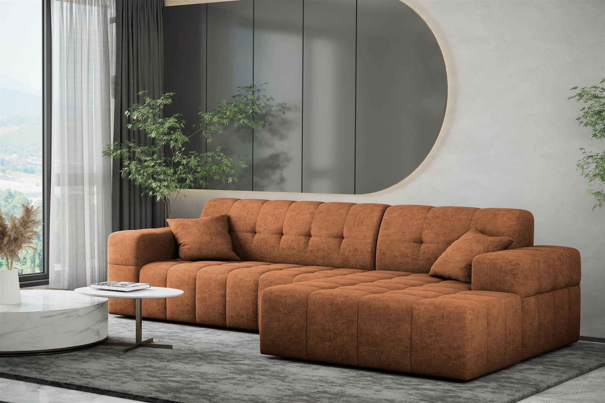 Ecksofa Designersofa NANCY in Stoff Perfekt Harmony Caramel Ottomane Rechts - Fun Möbel