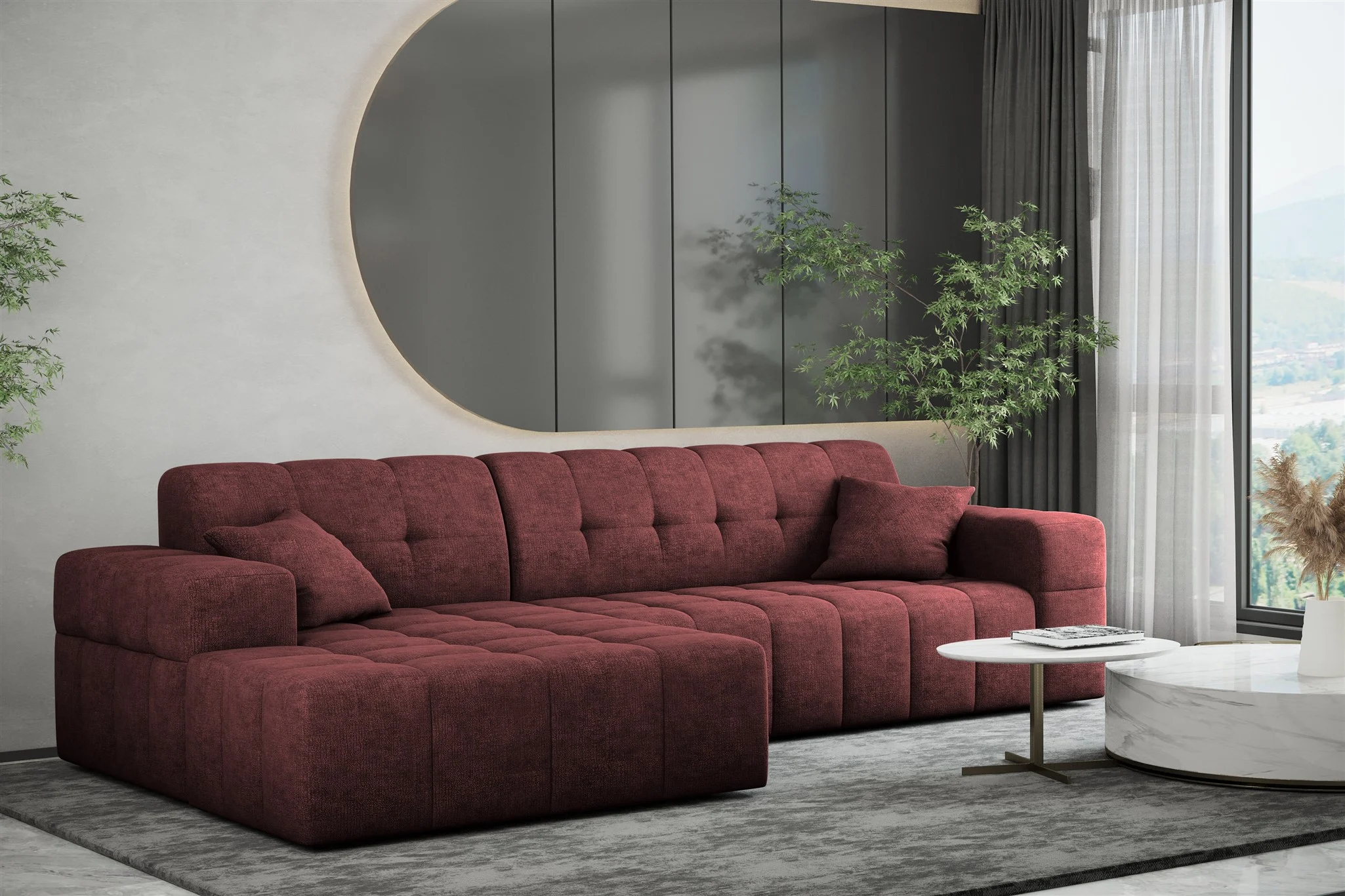 Ecksofa Designersofa NANCY in Stoff Perfekt Harmony Bordeauxrot Ottomane Links - Fun Möbel