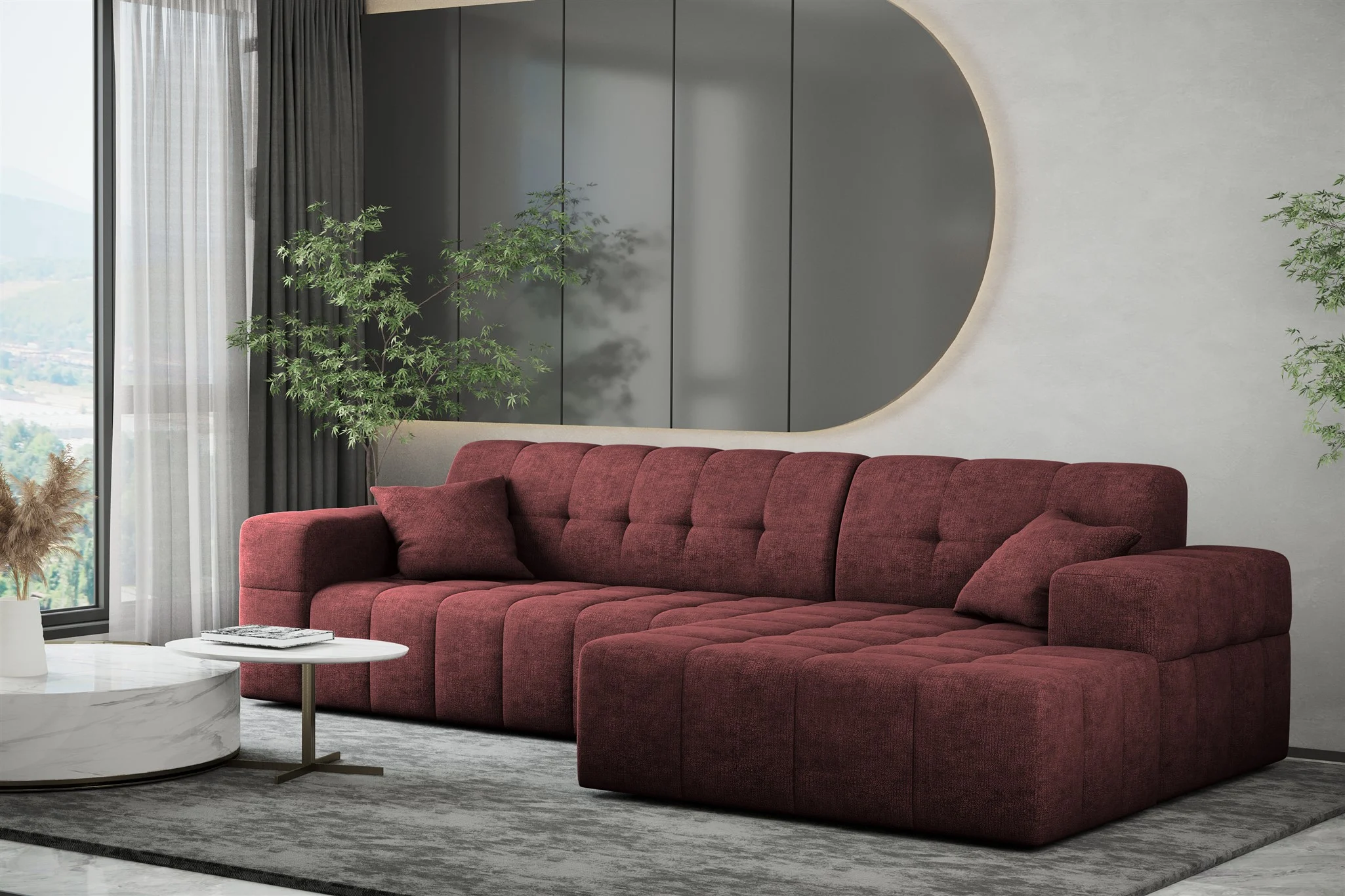 Ecksofa Designersofa NANCY in Stoff Perfekt Harmony Bordeauxrot Ottomane Rechts - Fun Möbel