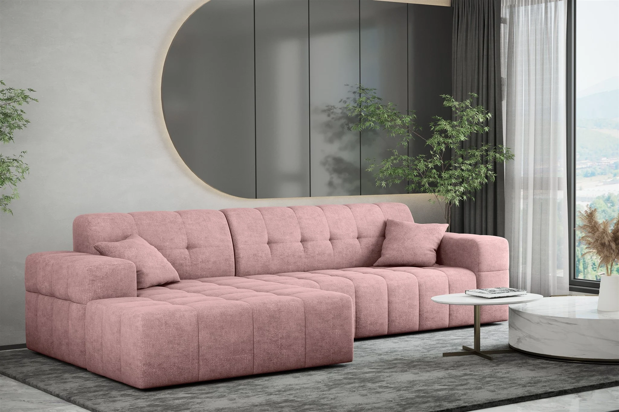 Ecksofa Designersofa NANCY in Stoff Perfekt Harmony Altrosa Ottomane Links - Fun Möbel