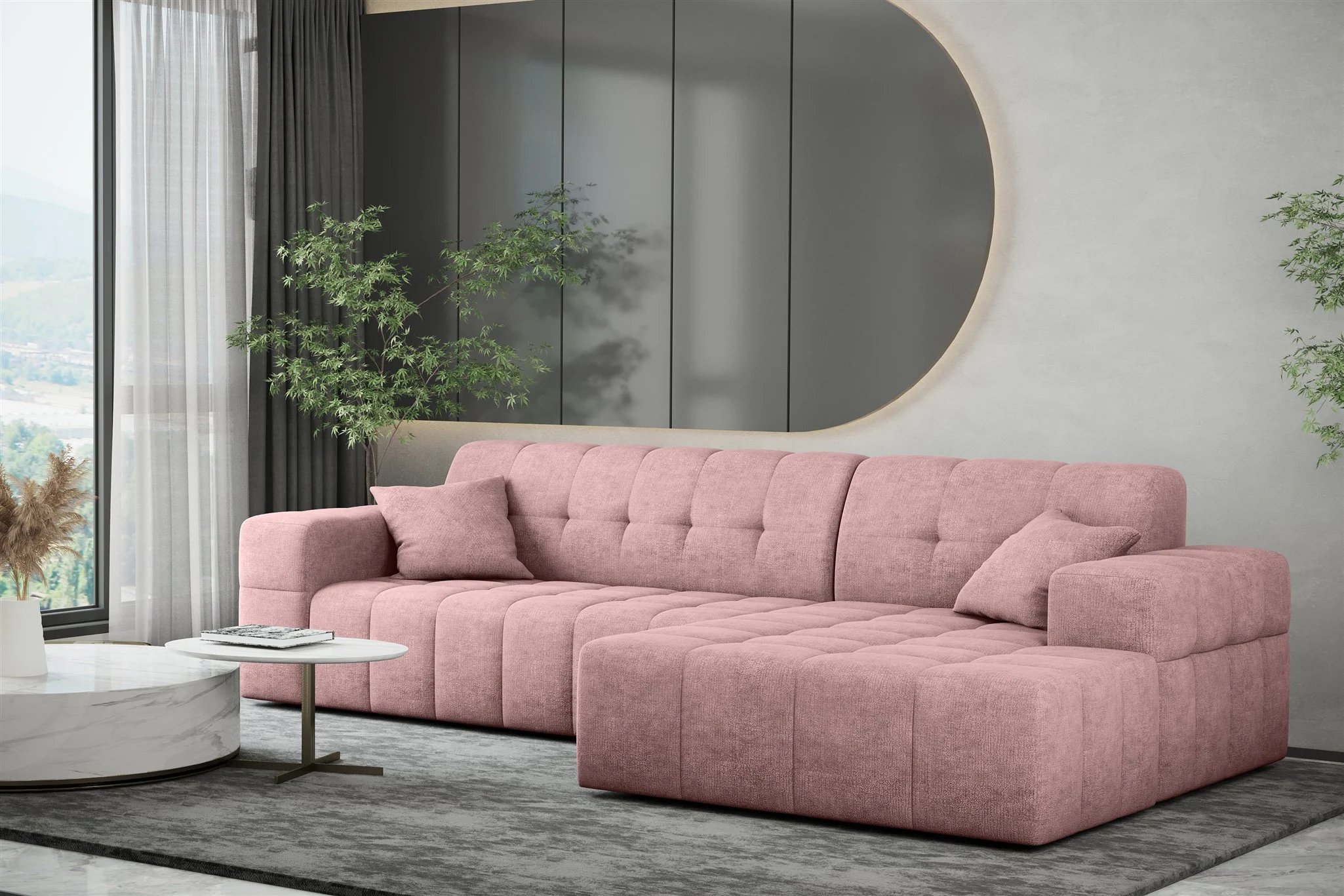 Ecksofa Designersofa NANCY in Stoff Perfekt Harmony Altrosa Ottomane Rechts - Fun Möbel
