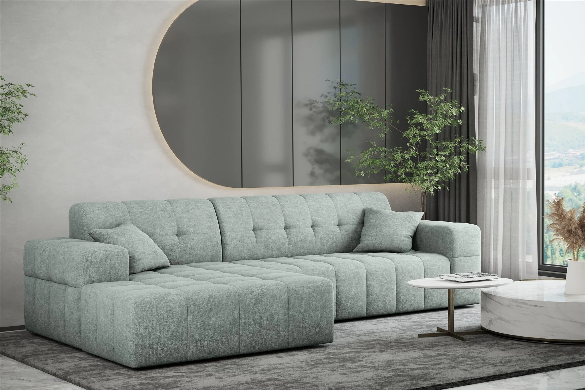 Ecksofa Designersofa NANCY in Stoff Perfekt Harmony Eisblau Ottomane Links - Fun Möbel