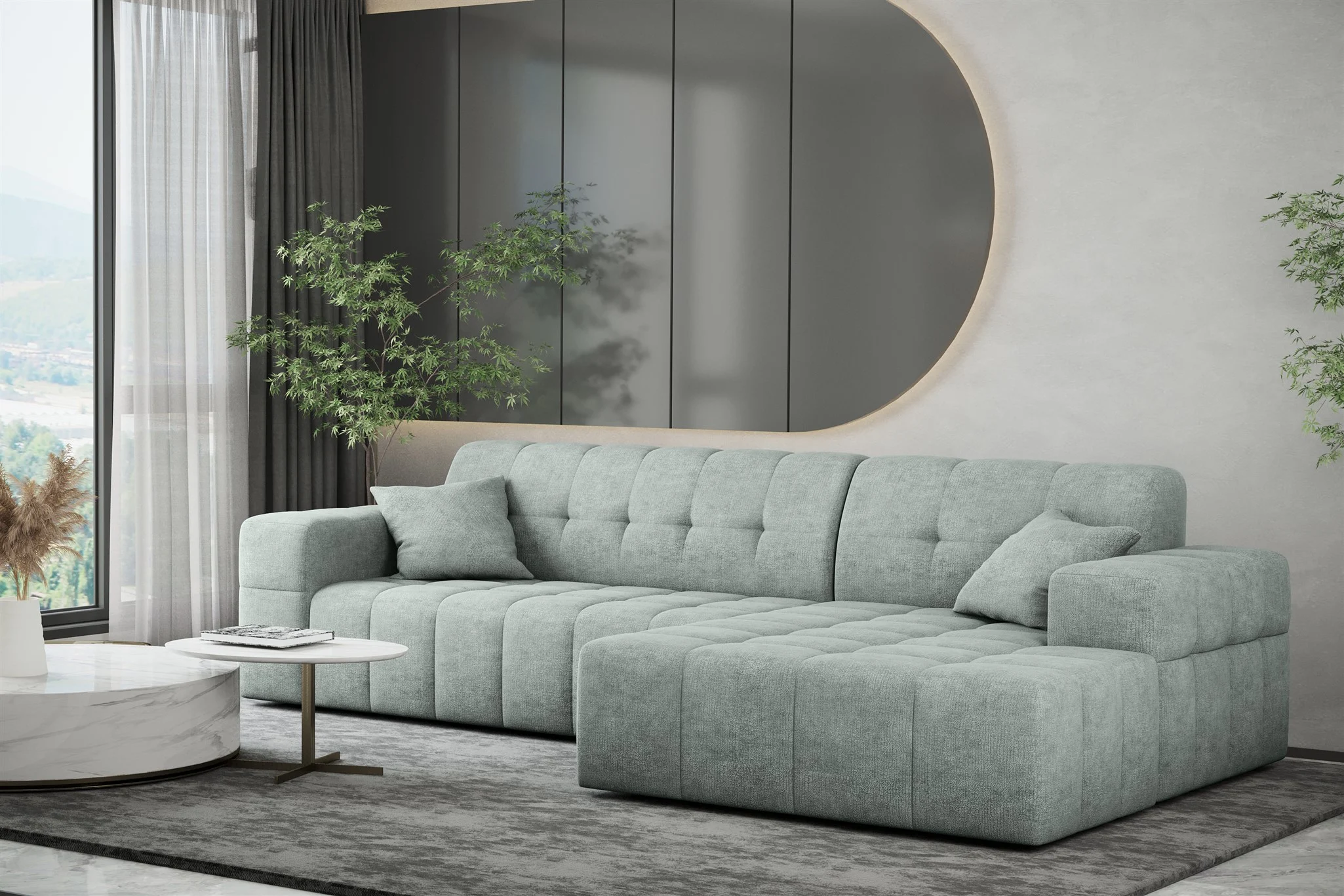 Ecksofa Designersofa NANCY in Stoff Perfekt Harmony Eisblau Ottomane Rechts - Fun Möbel