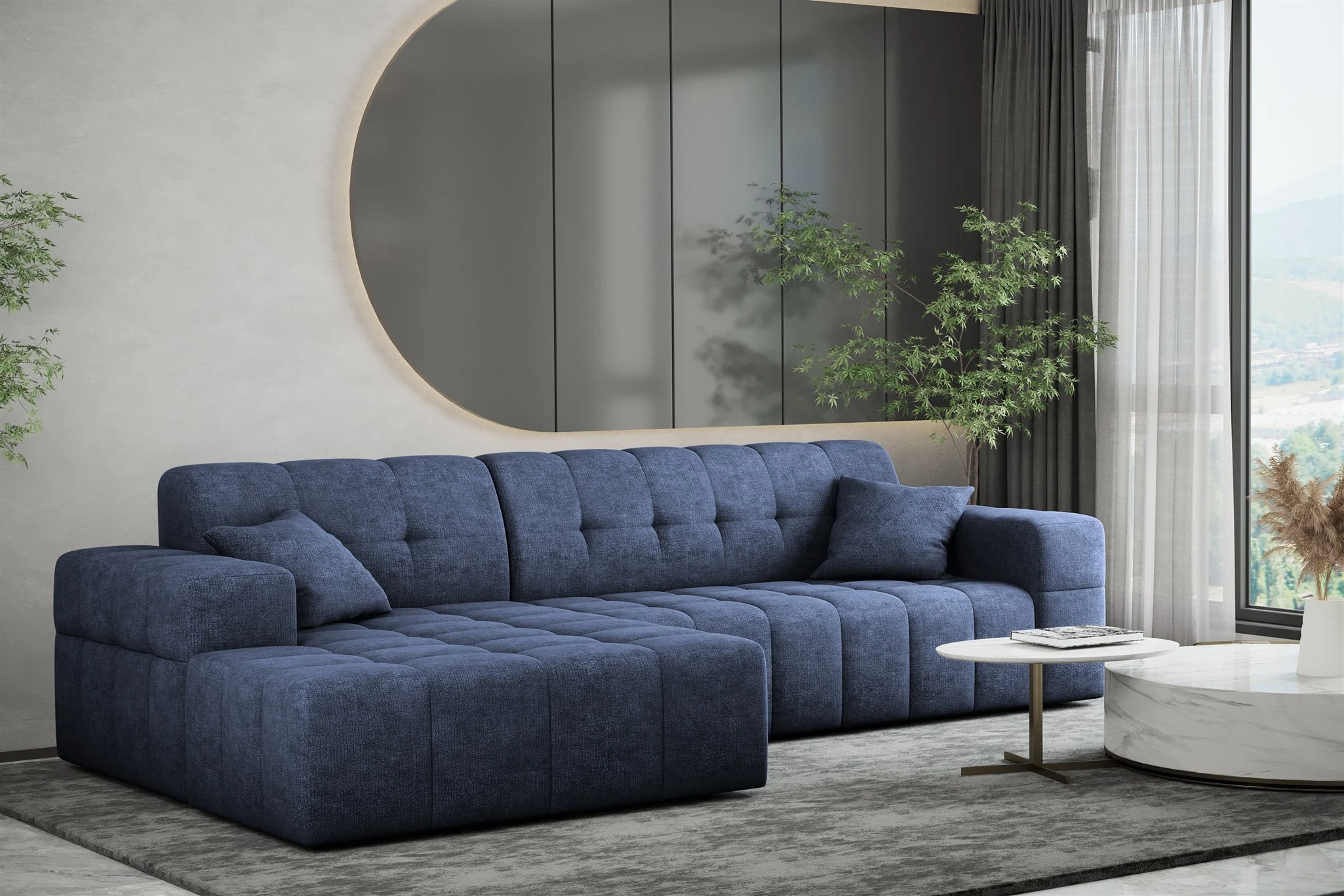Ecksofa Designersofa NANCY in Stoff Perfekt Harmony Marineblau Ottomane Links - Fun Möbel