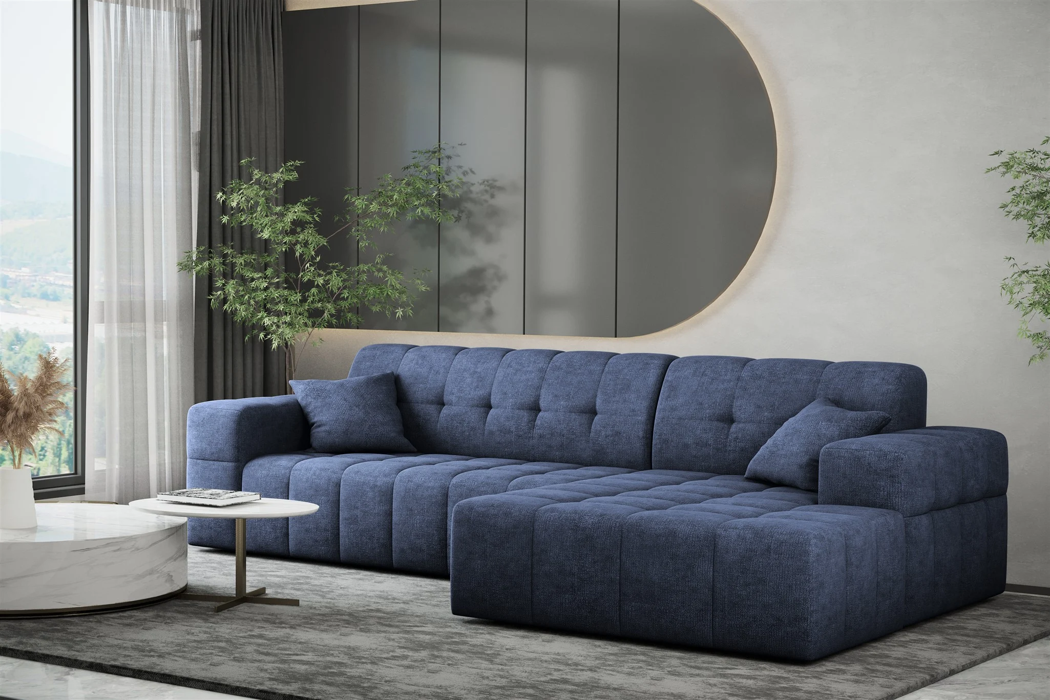 Ecksofa Designersofa NANCY in Stoff Perfekt Harmony Marineblau Ottomane Rechts - Fun Möbel