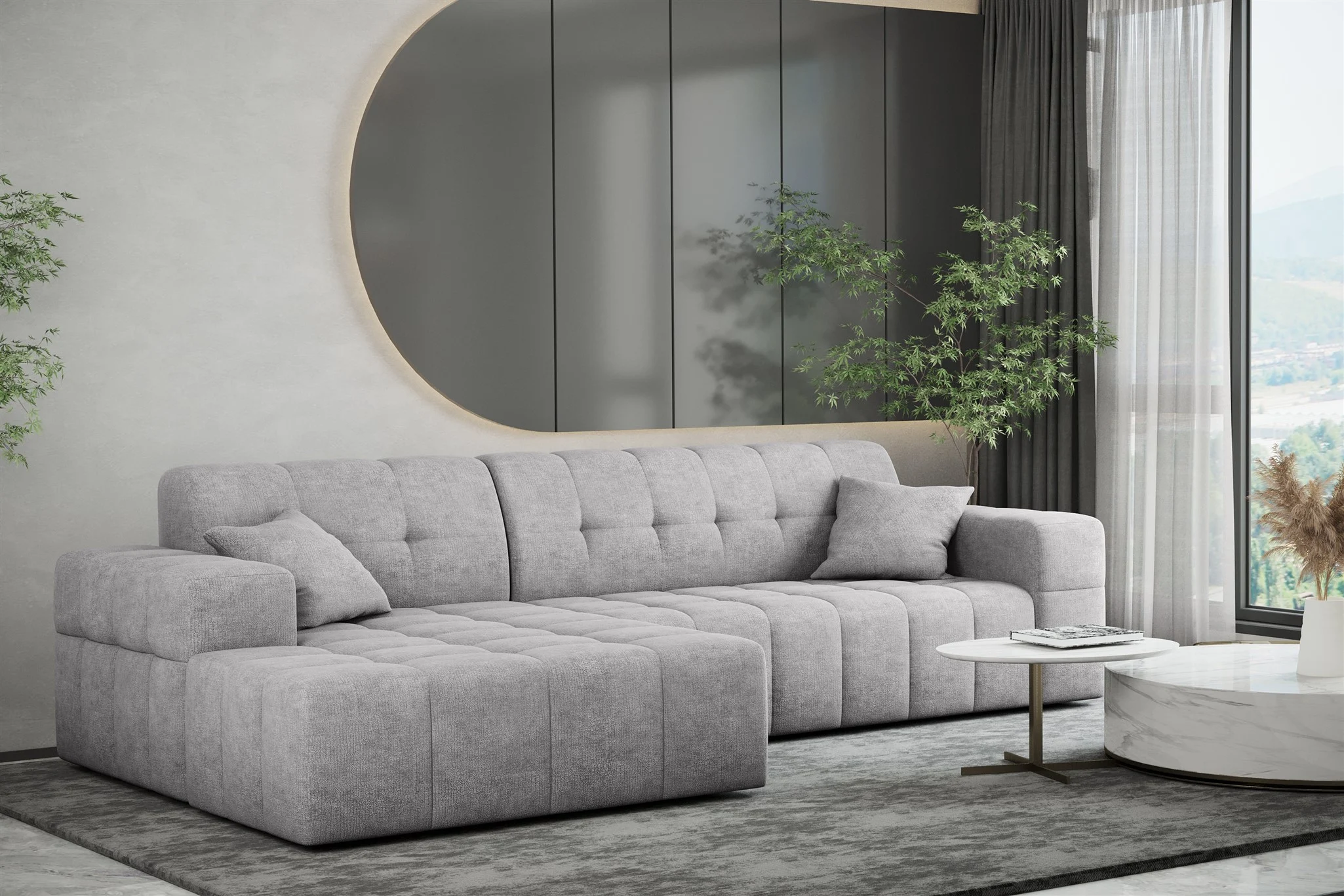 Ecksofa Designersofa NANCY in Stoff Perfekt Harmony Hellgrau Ottomane Links - Fun Möbel