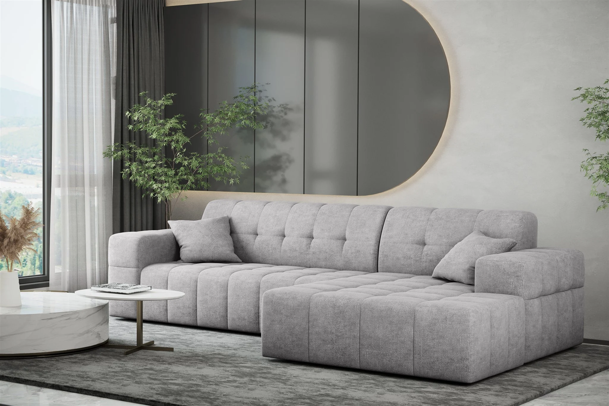 Ecksofa Designersofa NANCY in Stoff Perfekt Harmony Hellgrau Ottomane Rechts - Fun Möbel